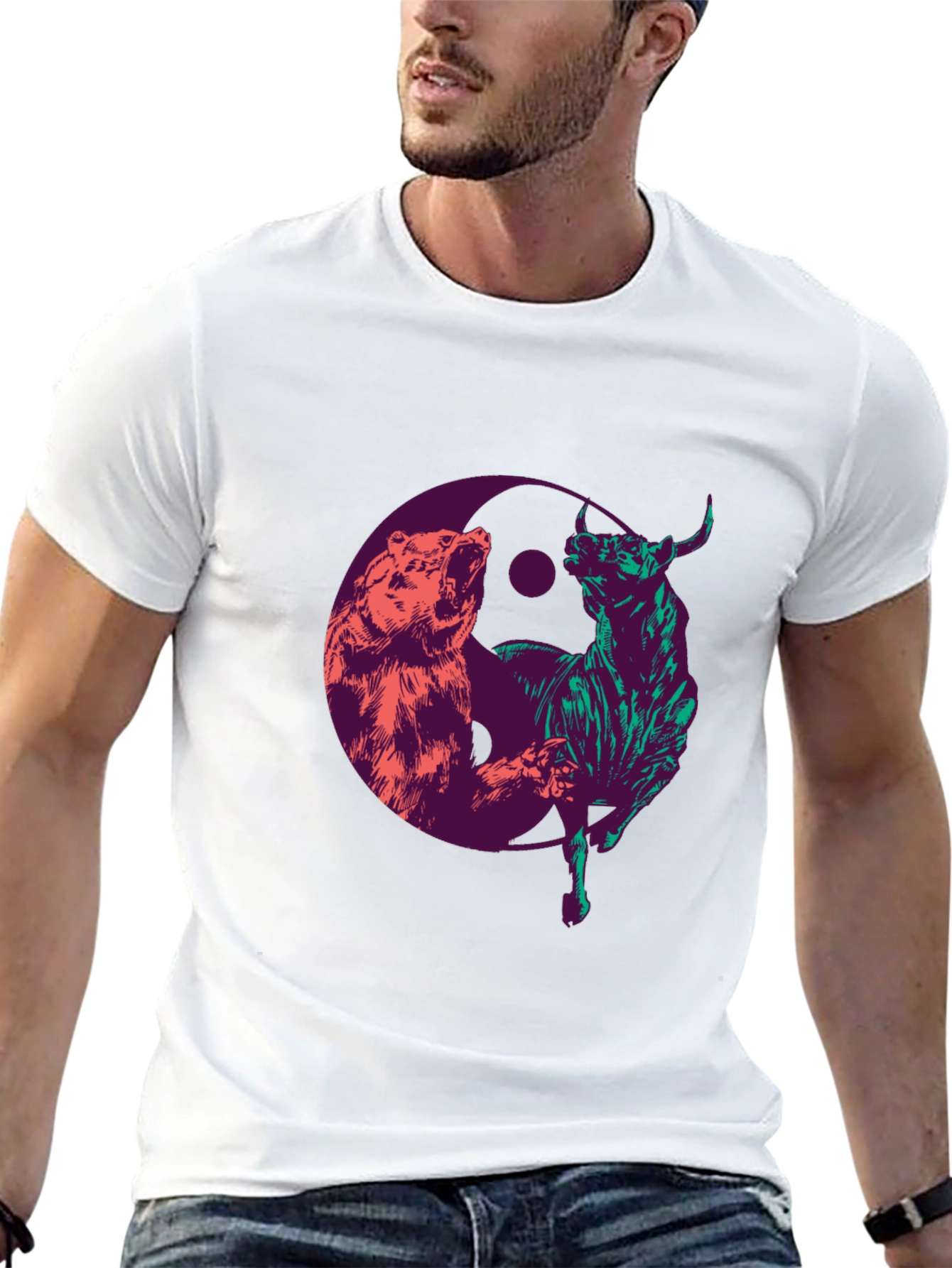 Black Yin Yang Bull and Bear Graphic T-Shirt view 13