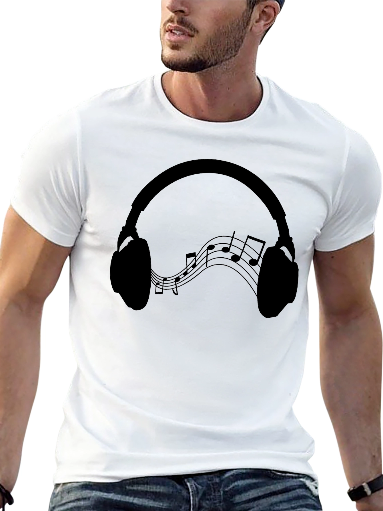 Black Headphones Music Notes Graphic Tee - Black Cotton Blend view 13