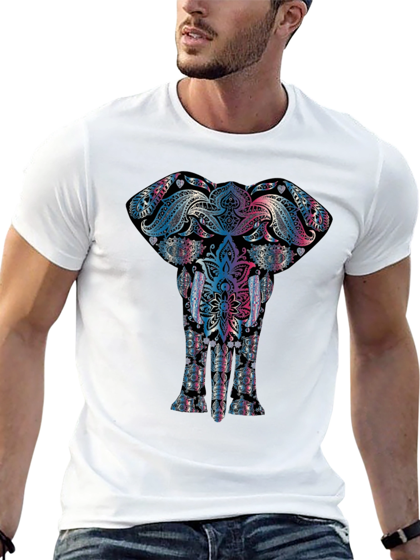 Black Elephant Mandala Graphic Tee - Black Cotton T-Shirt view 13