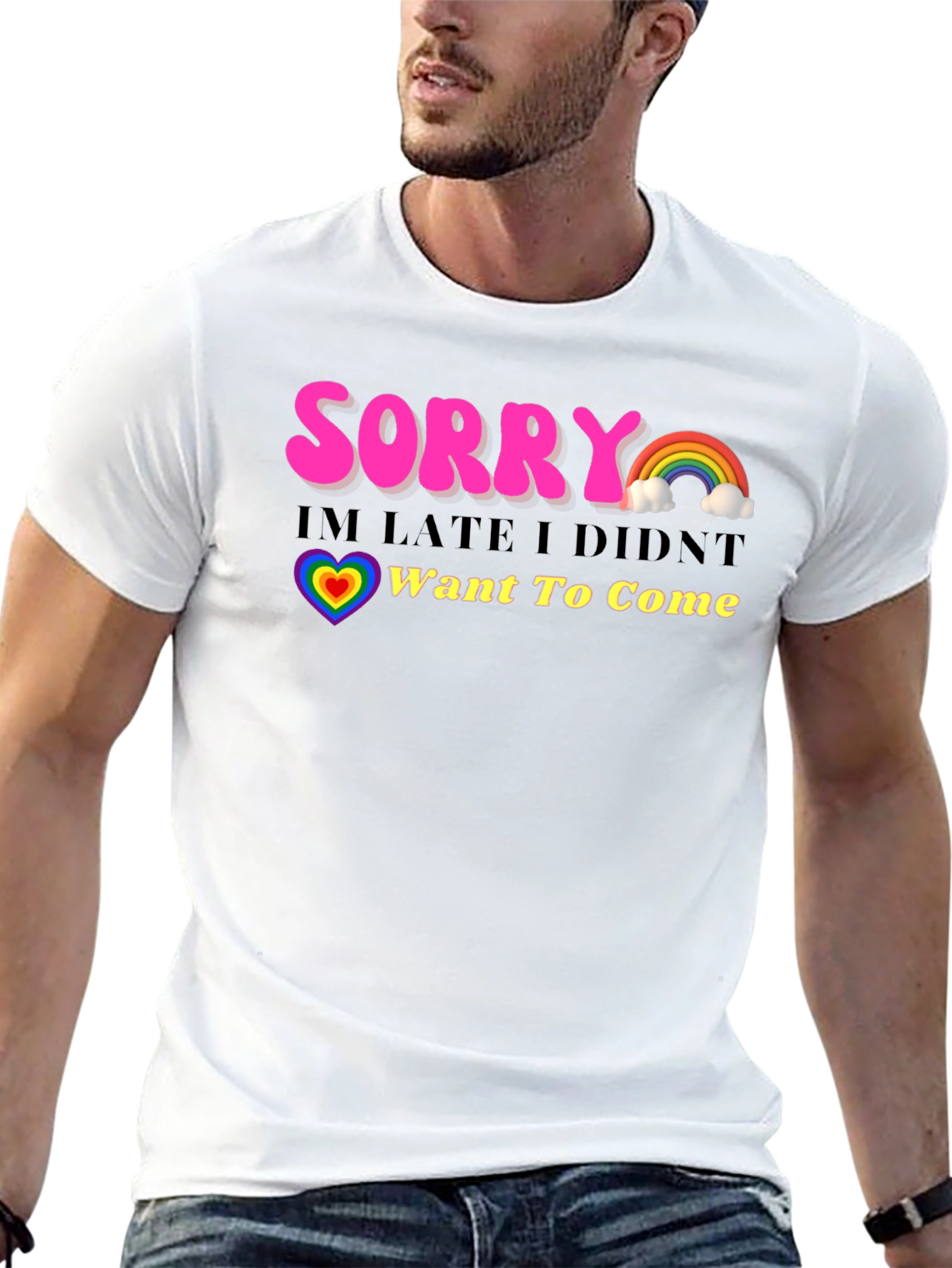 Black Funny Sorry I'm Late Rainbow Graphic T-Shirt view 13