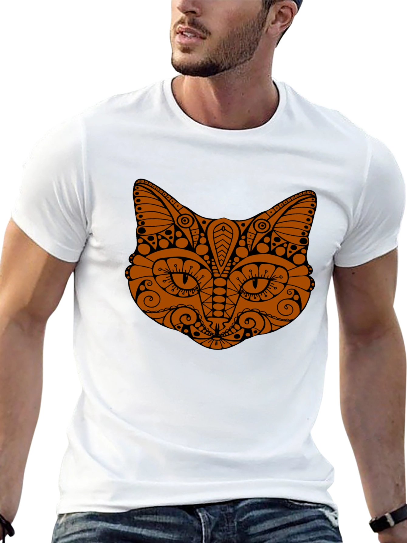 Black Tribal Cat Graphic Tee - Stylish Black T-Shirt view 13