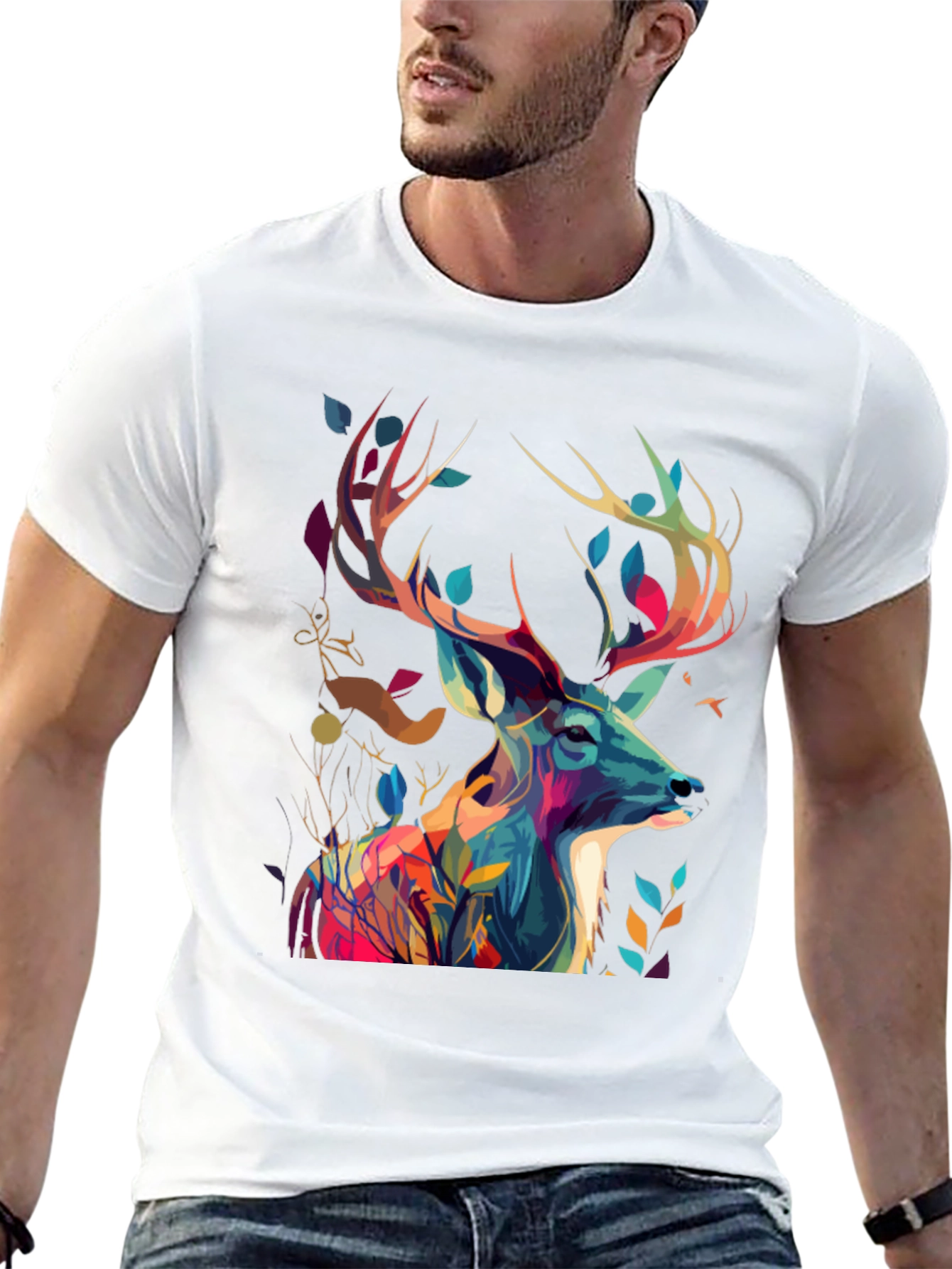 Black Artistic Deer Graphic Tee - Black Cotton Blend view 13