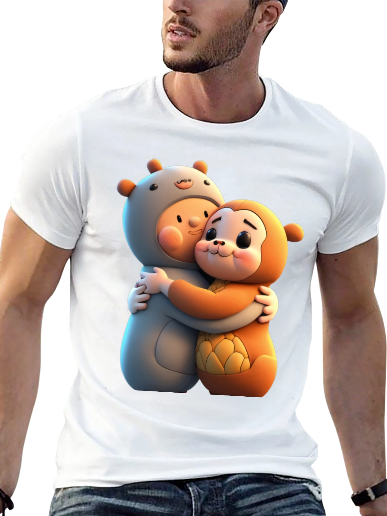 Black Cute Cartoon Character Hug Graphic Tee view 13