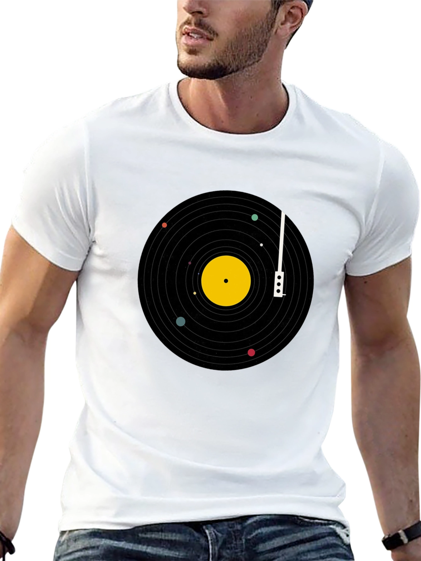 Black Planetary Vinyl Record T-Shirt - Black Cotton Tee view 13