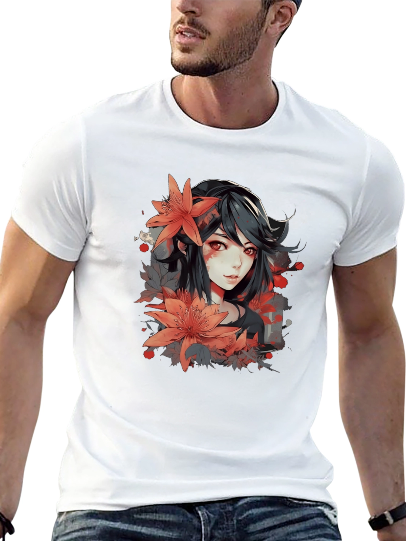 Black Anime Girl Floral Graphic Black T-Shirt view 13