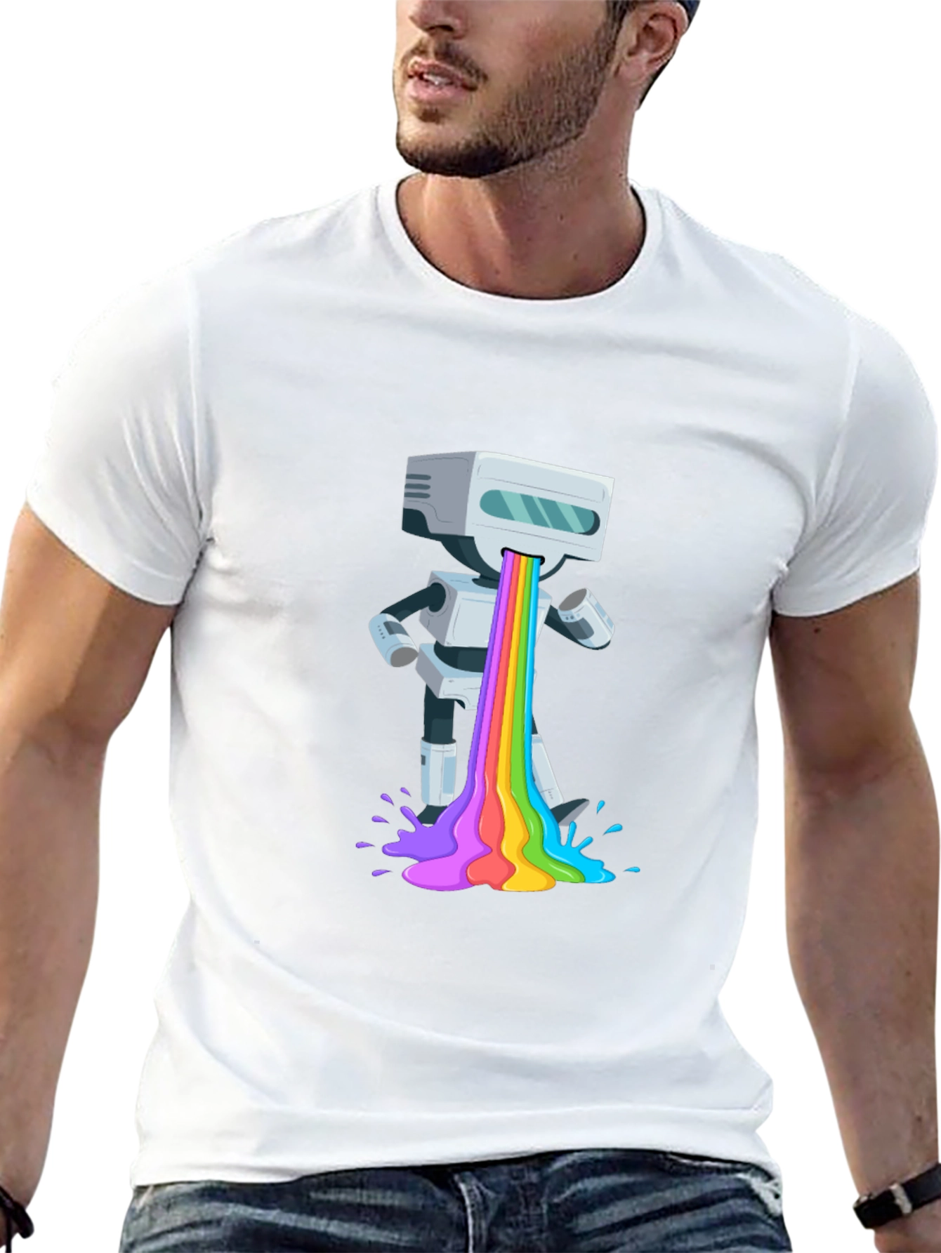 Black Robot Rainbow Puke Graphic T-Shirt view 13