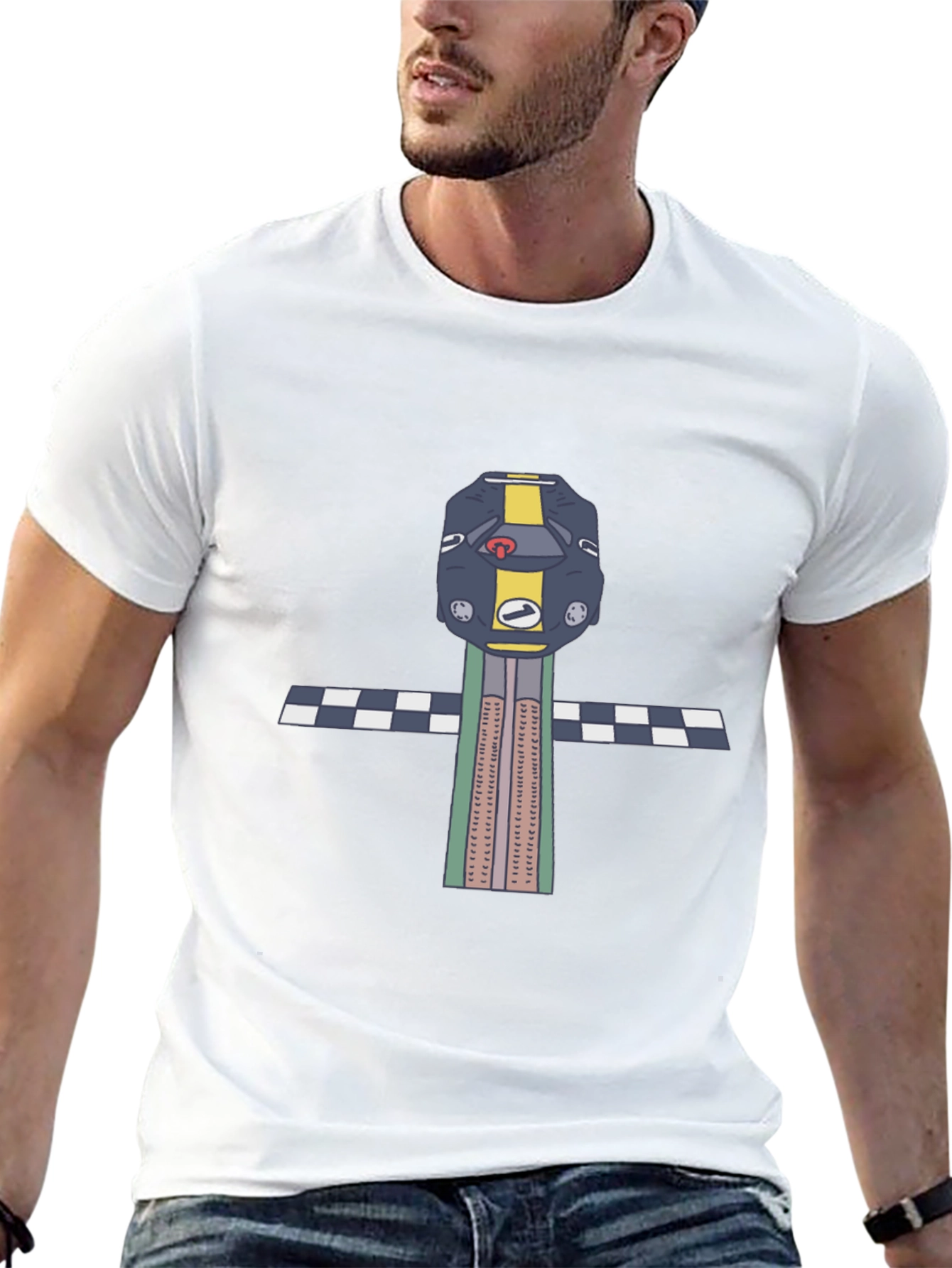 Black Retro Race Car T-Shirt - Checkered Finish view 13