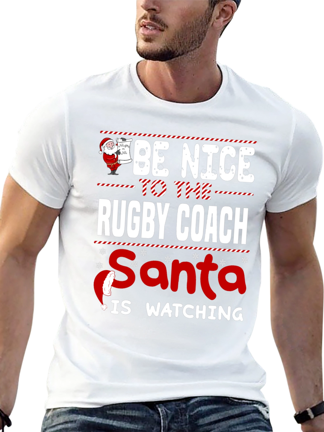 Black Be Nice to The Rugby Coach Santa is Watching T-Shirt view 13