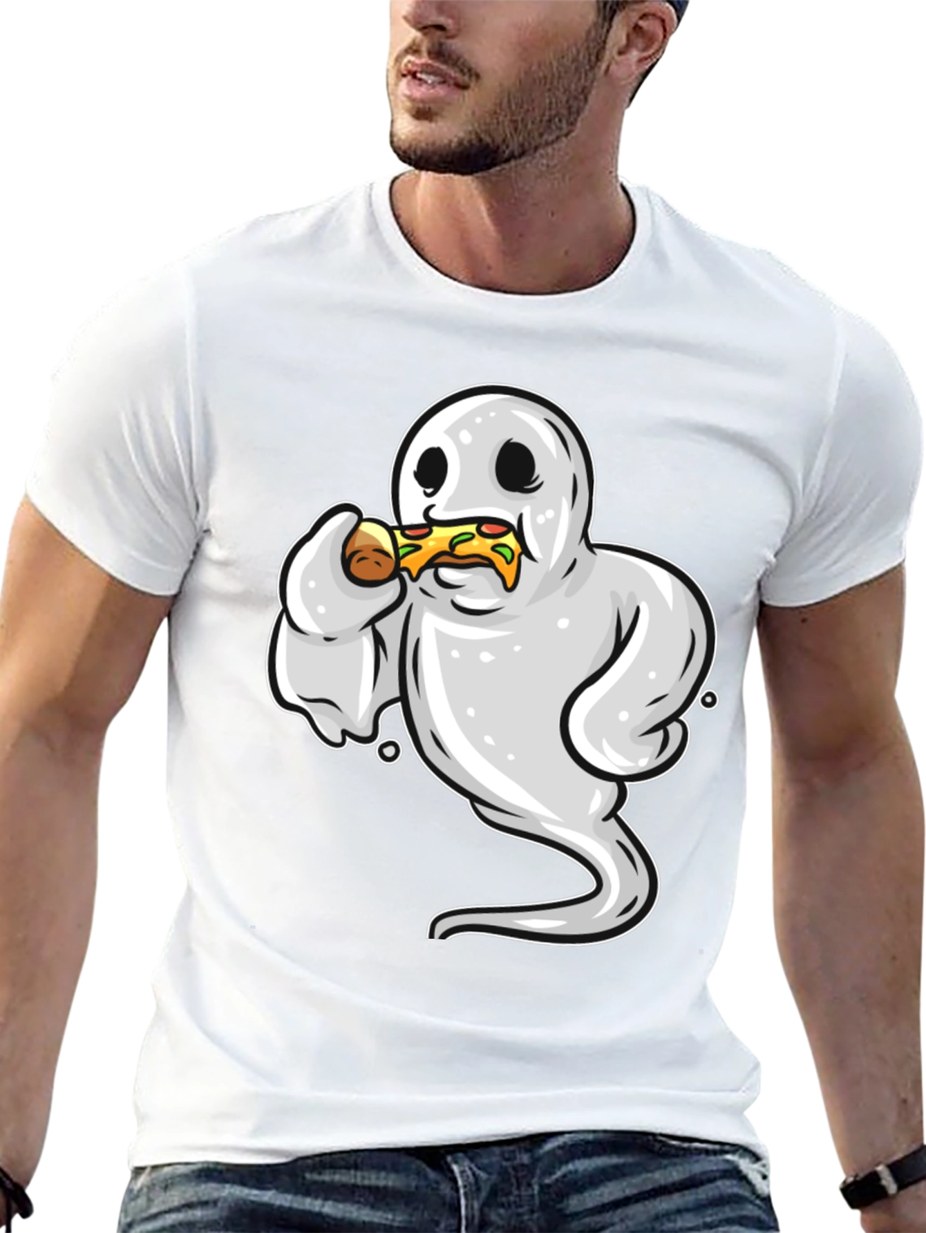 Black Ghost Eating Pizza Funny Graphic Tee view 13