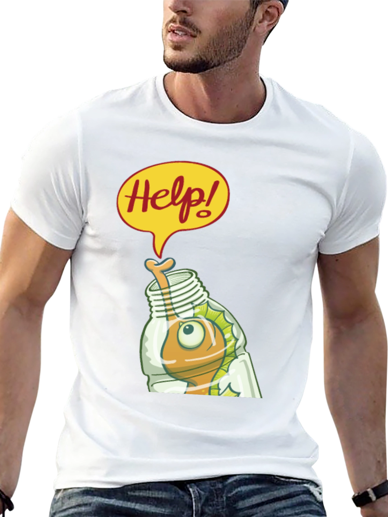 Black Help! Cartoon Fish in Bottle Graphic T-Shirt view 13