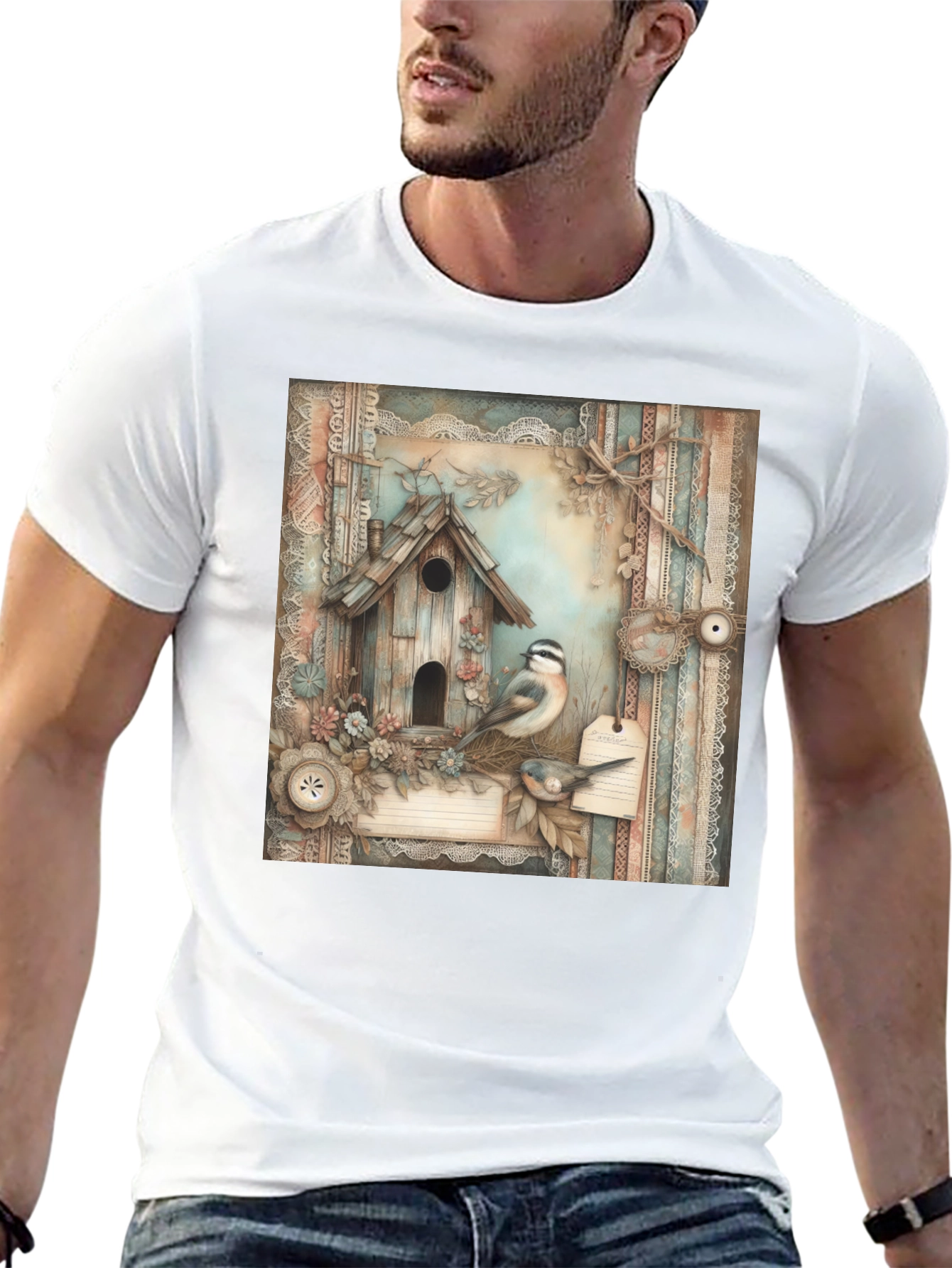 Black Rustic Birdhouse & Bird T-Shirt view 13