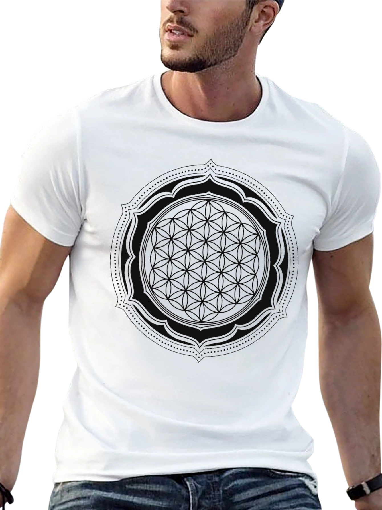 Black Men's Black Graphic Tee - Flower of Life Design view 13