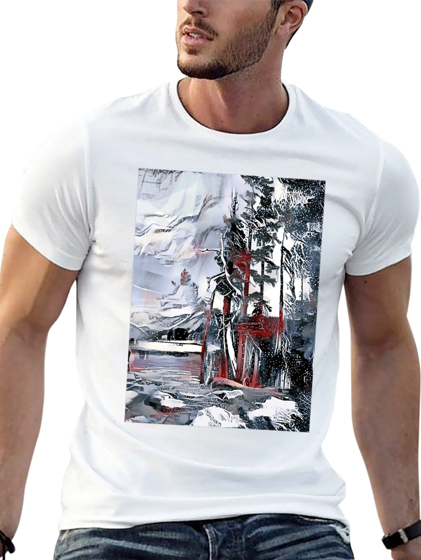 Black Abstract Winter Scene Black T-Shirt view 13