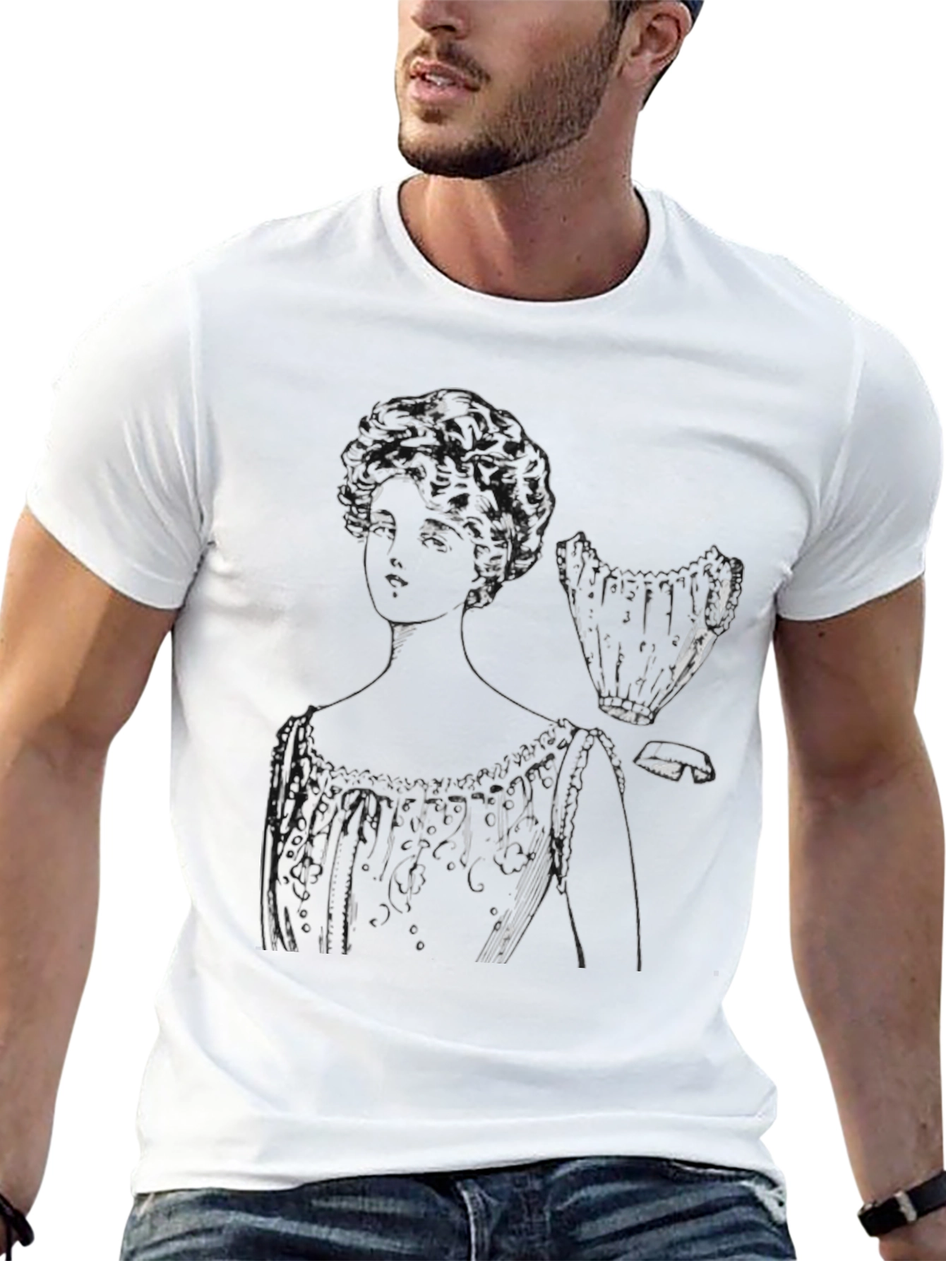 Black Vintage Sketch Tee - Elegant Woman's Portrait view 13