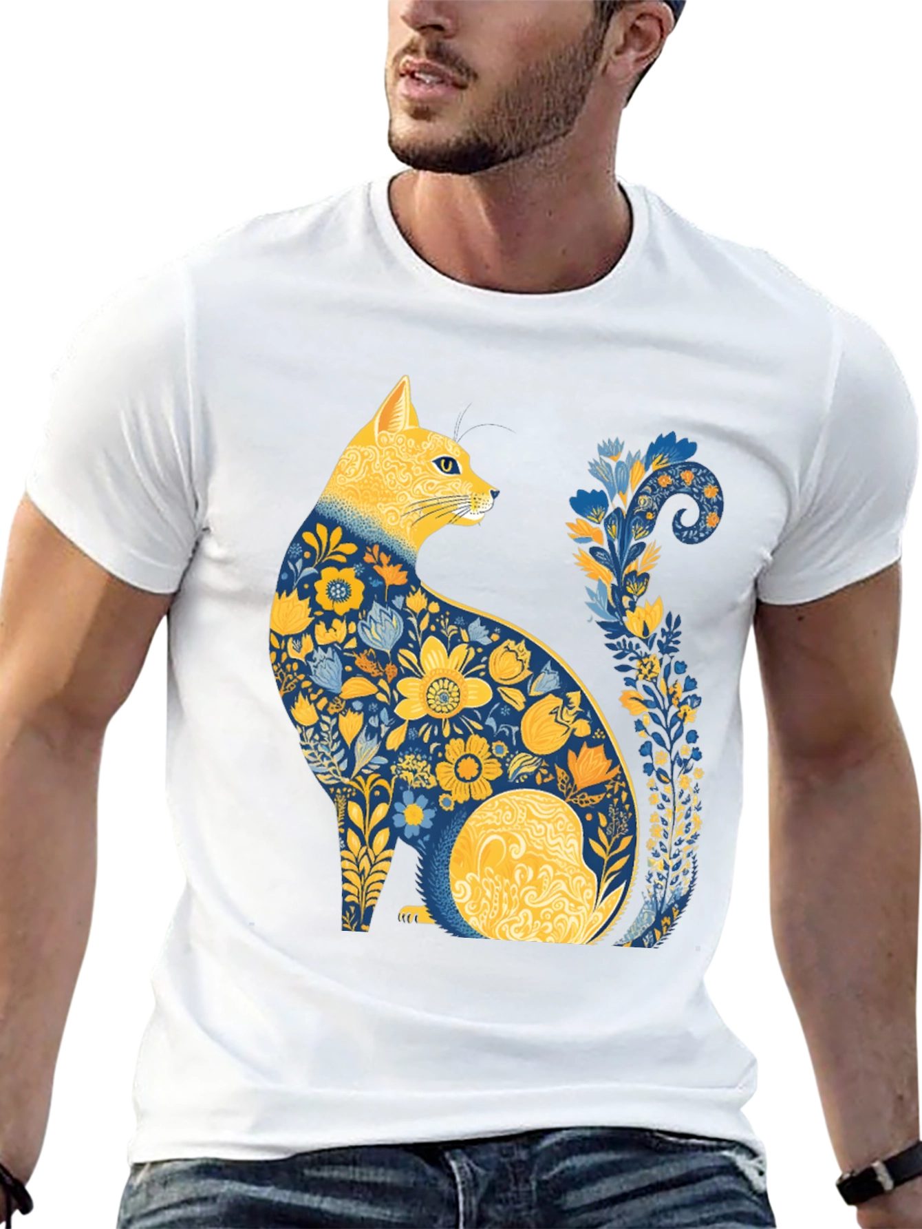 Black Floral Cat T-Shirt - Unique Artistic Design view 13