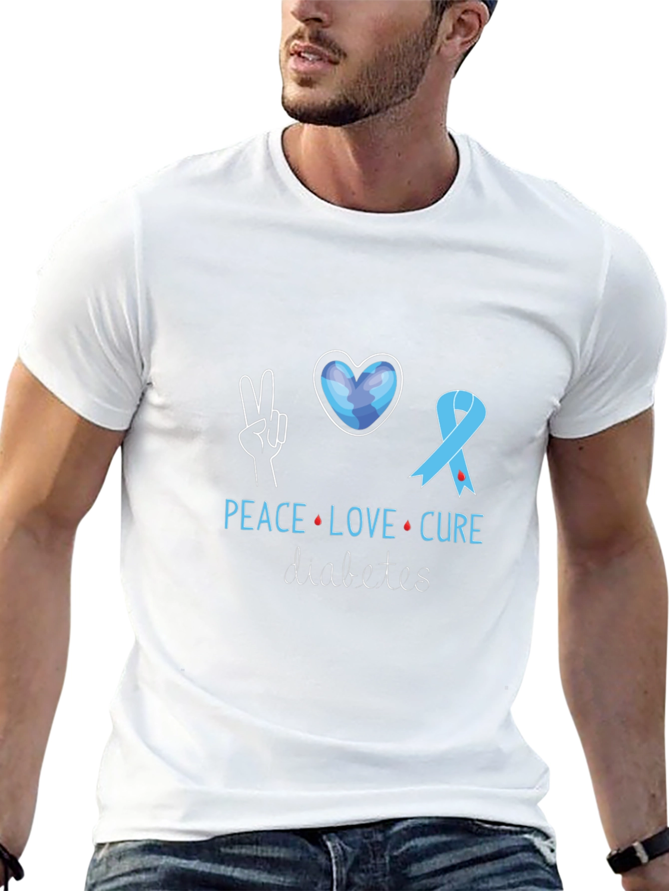 Black Peace Love Cure Diabetes Awareness T-Shirt view 13