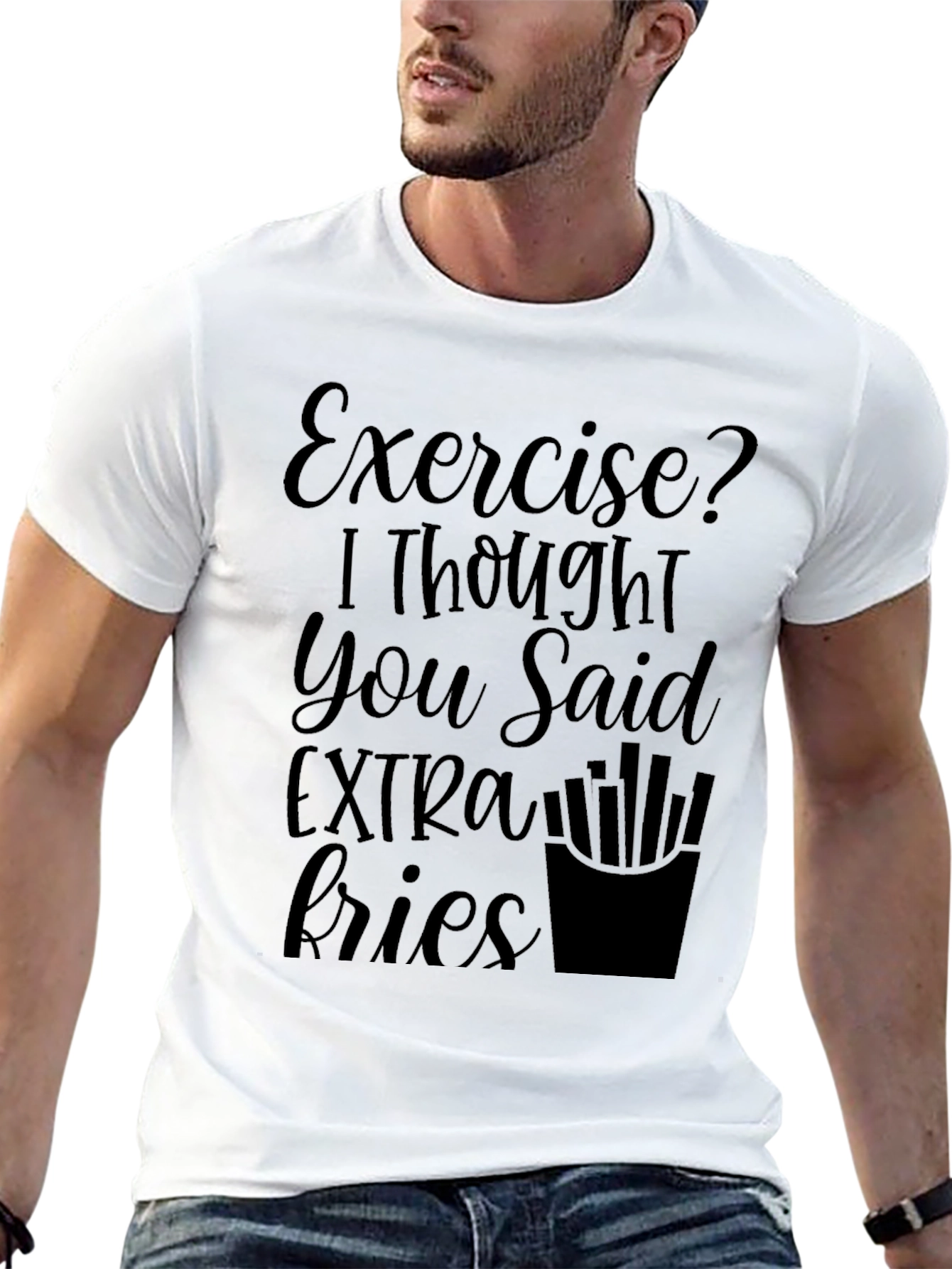 Black Funny Exercise Extra Fries Graphic T-Shirt view 13