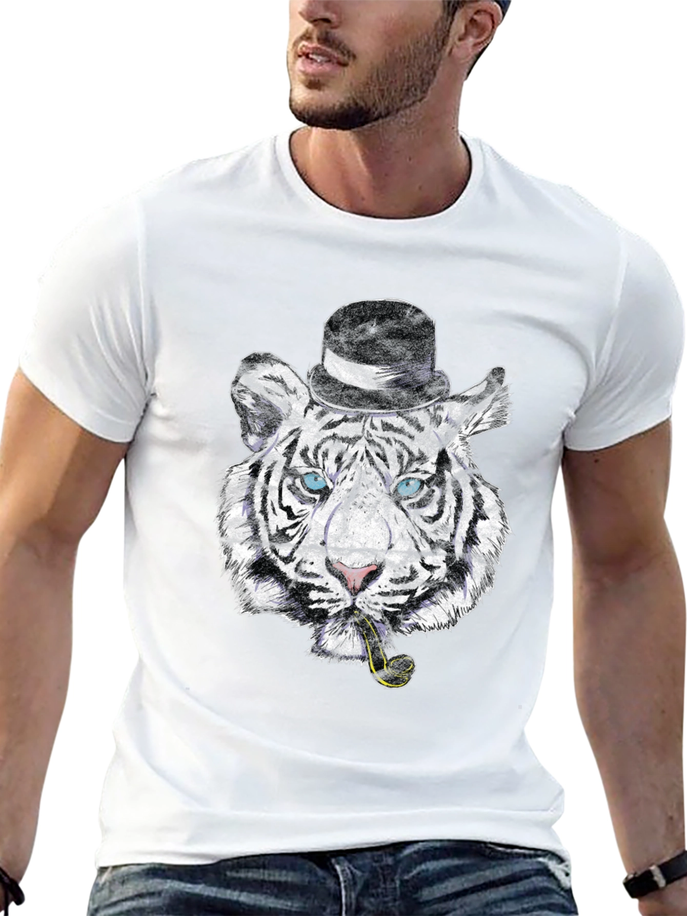 Black Tiger with Hat & Pipe Black Graphic Tee view 13