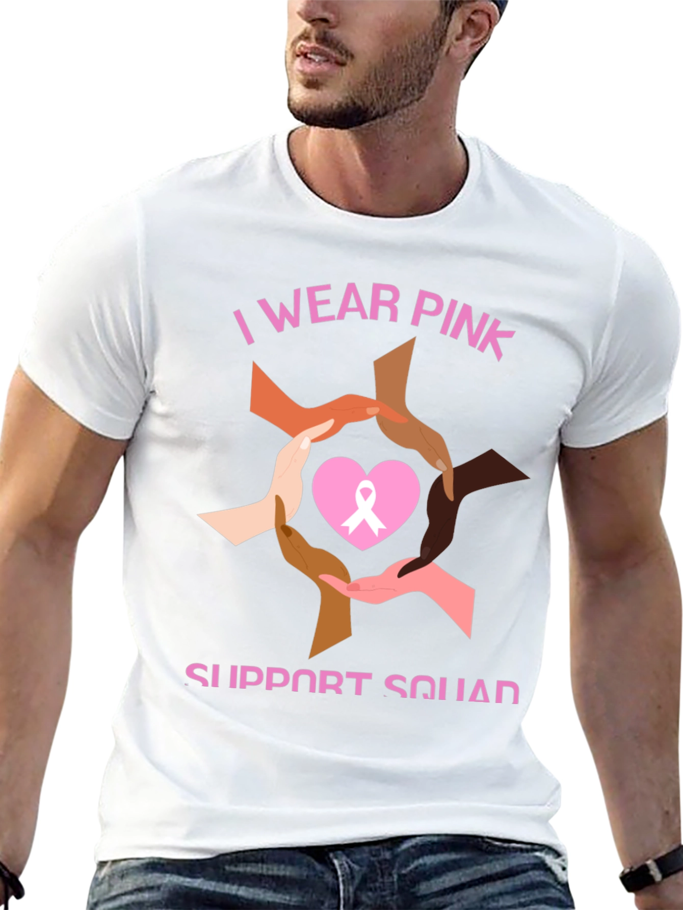 Black I Wear Pink Breast Cancer Support T-Shirt view 13