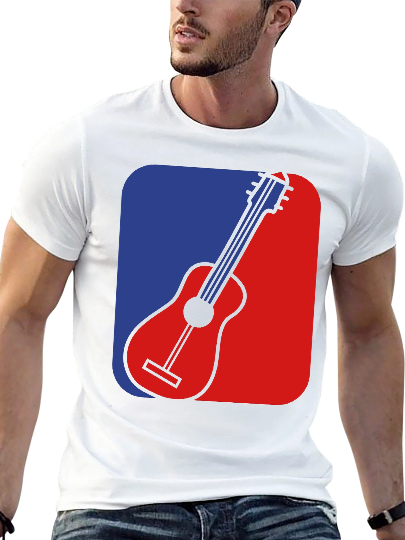 Black Guitar Graphic Tee - Blue & Red Design, Black T-Shirt view 13
