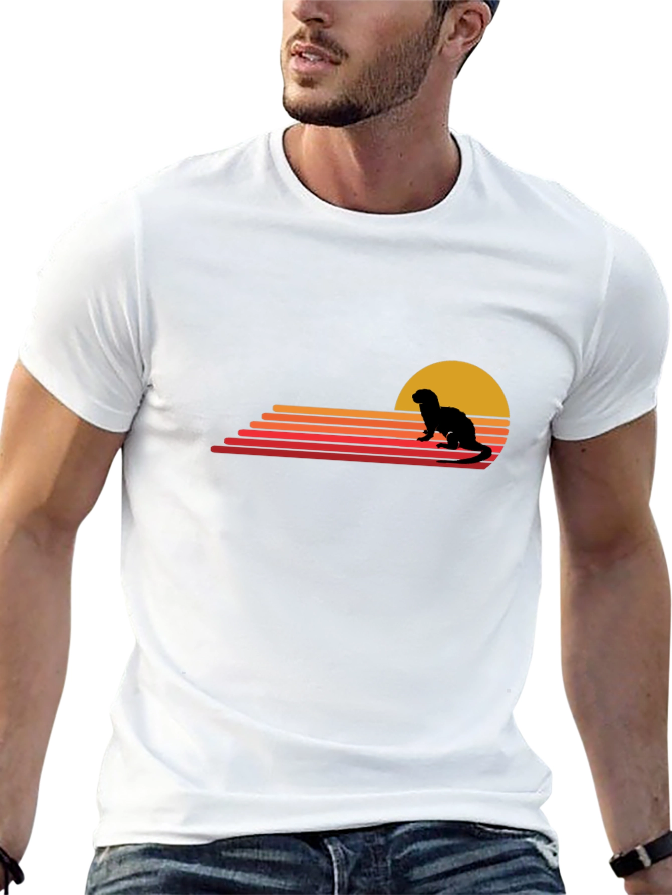 Black Retro Otter Sunset Graphic T-Shirt view 13