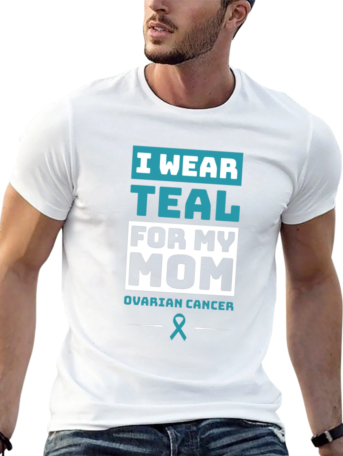 Black Teal Ribbon Ovarian Cancer Awareness T-Shirt view 13