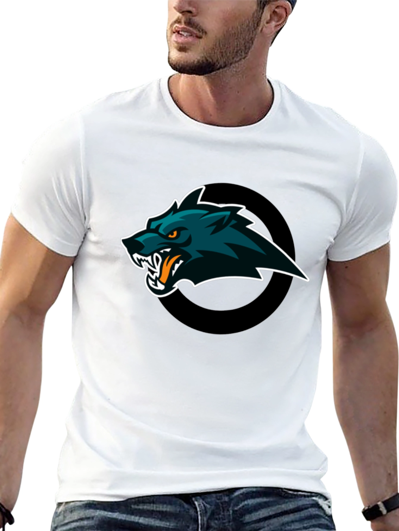 Black Men's Black T-Shirt with Wolf Graphic Design view 13