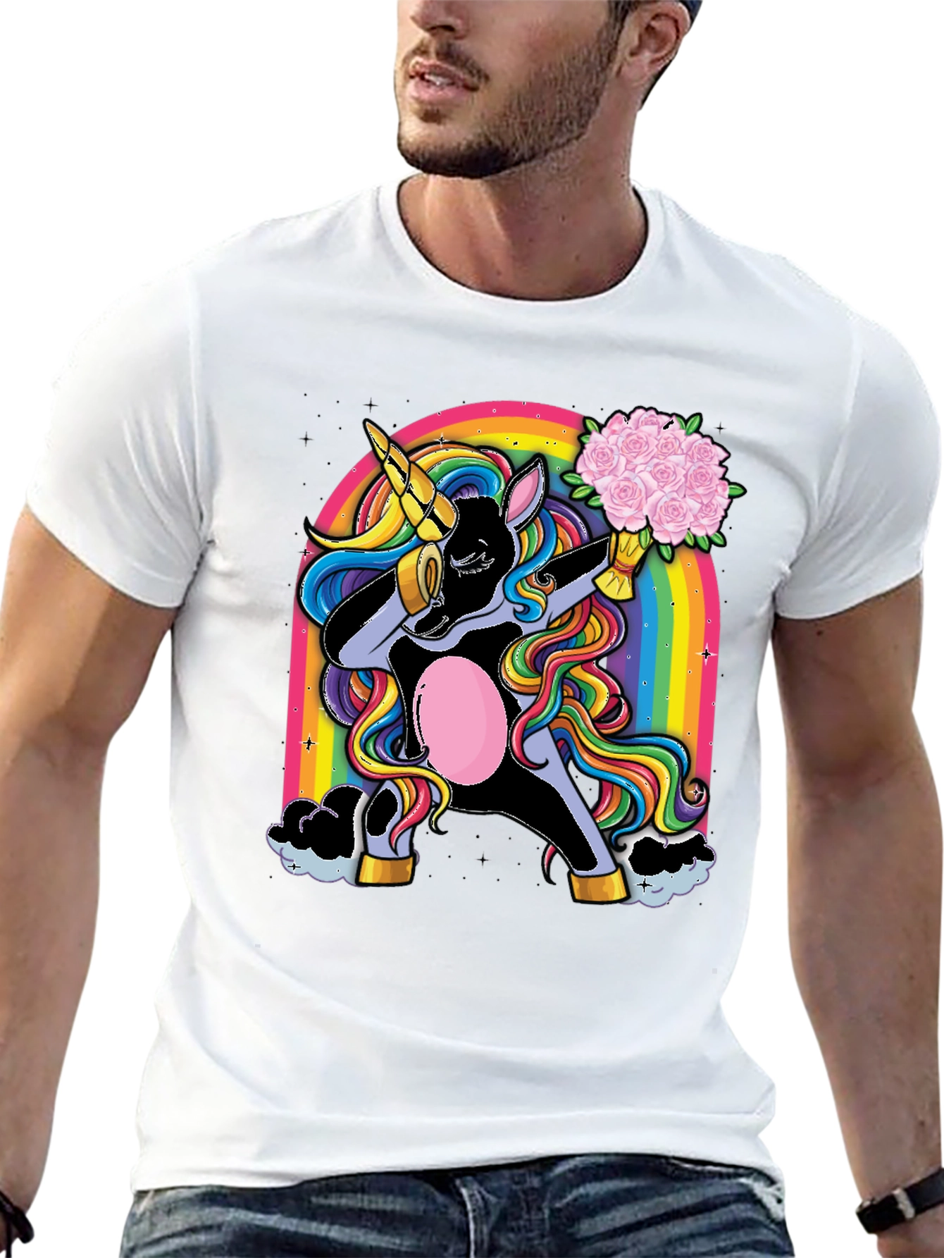 Black Dabbing Unicorn T-Shirt - Rainbow & Flowers view 13