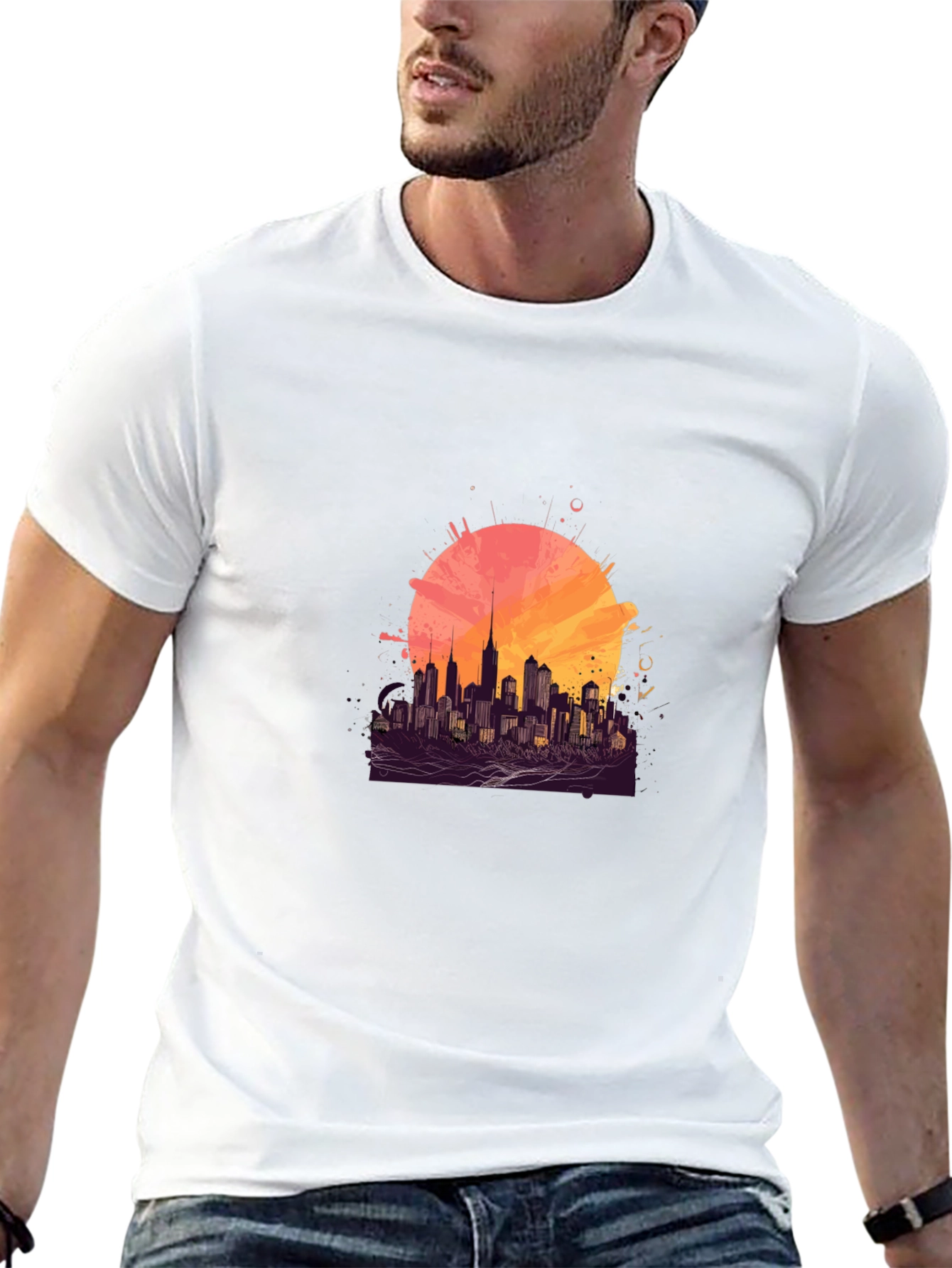 Black Urban Sunset Graphic Tee - Stylish Cityscape Design view 13