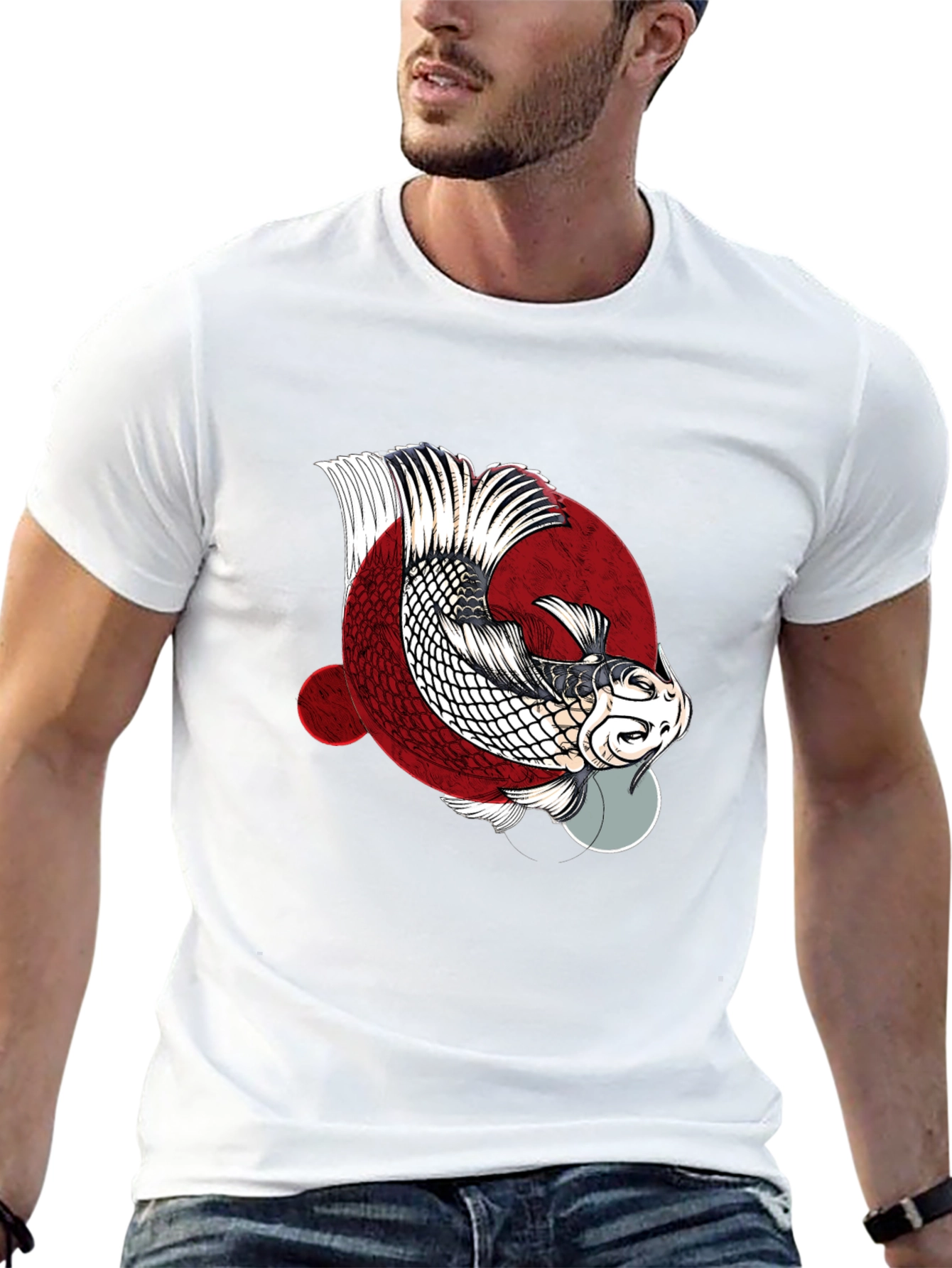 Black Koi Fish Graphic Print Crew Neck T-Shirt view 13