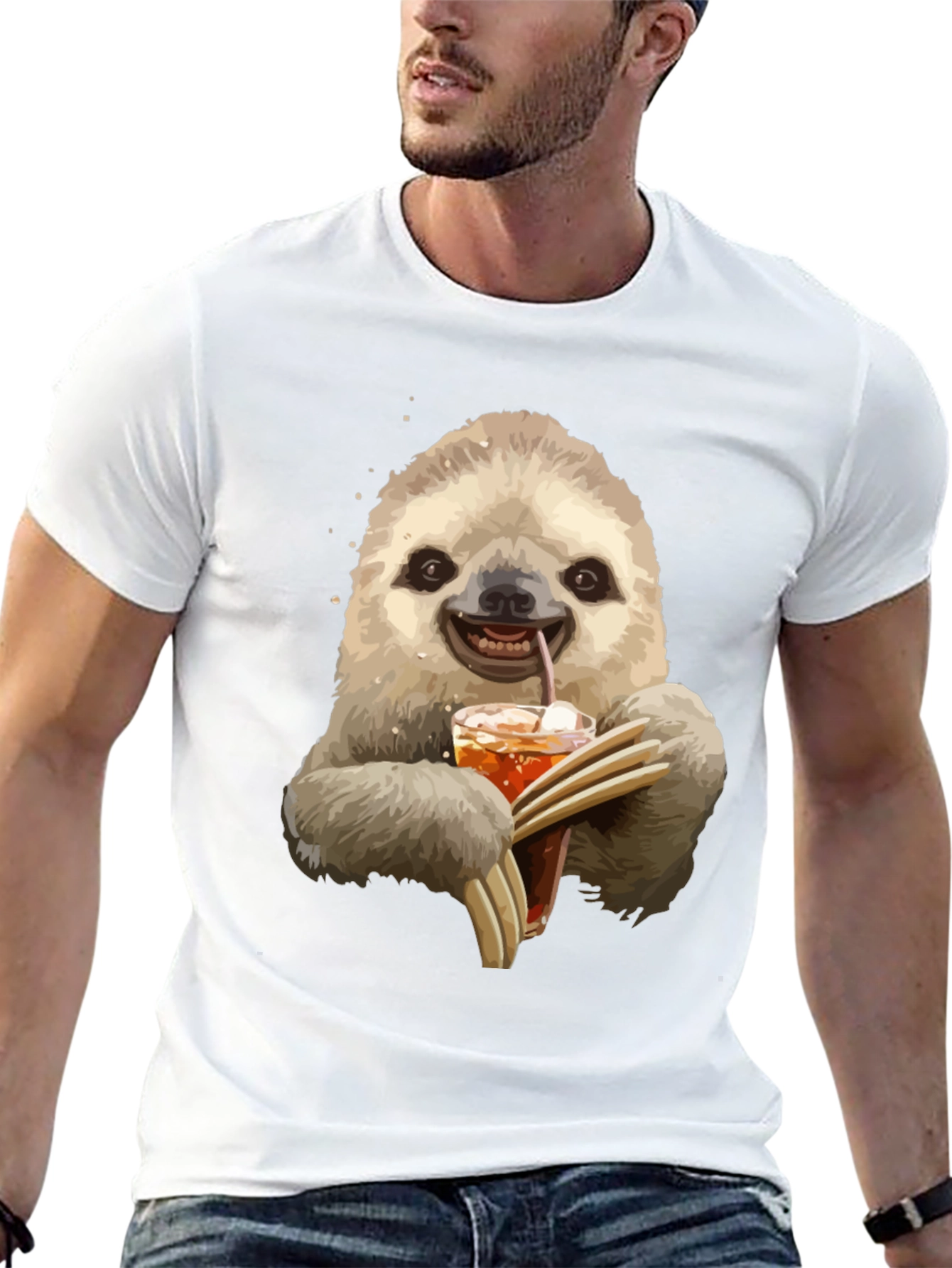 Black Sloth Drinking Iced Tea Graphic T-Shirt view 13