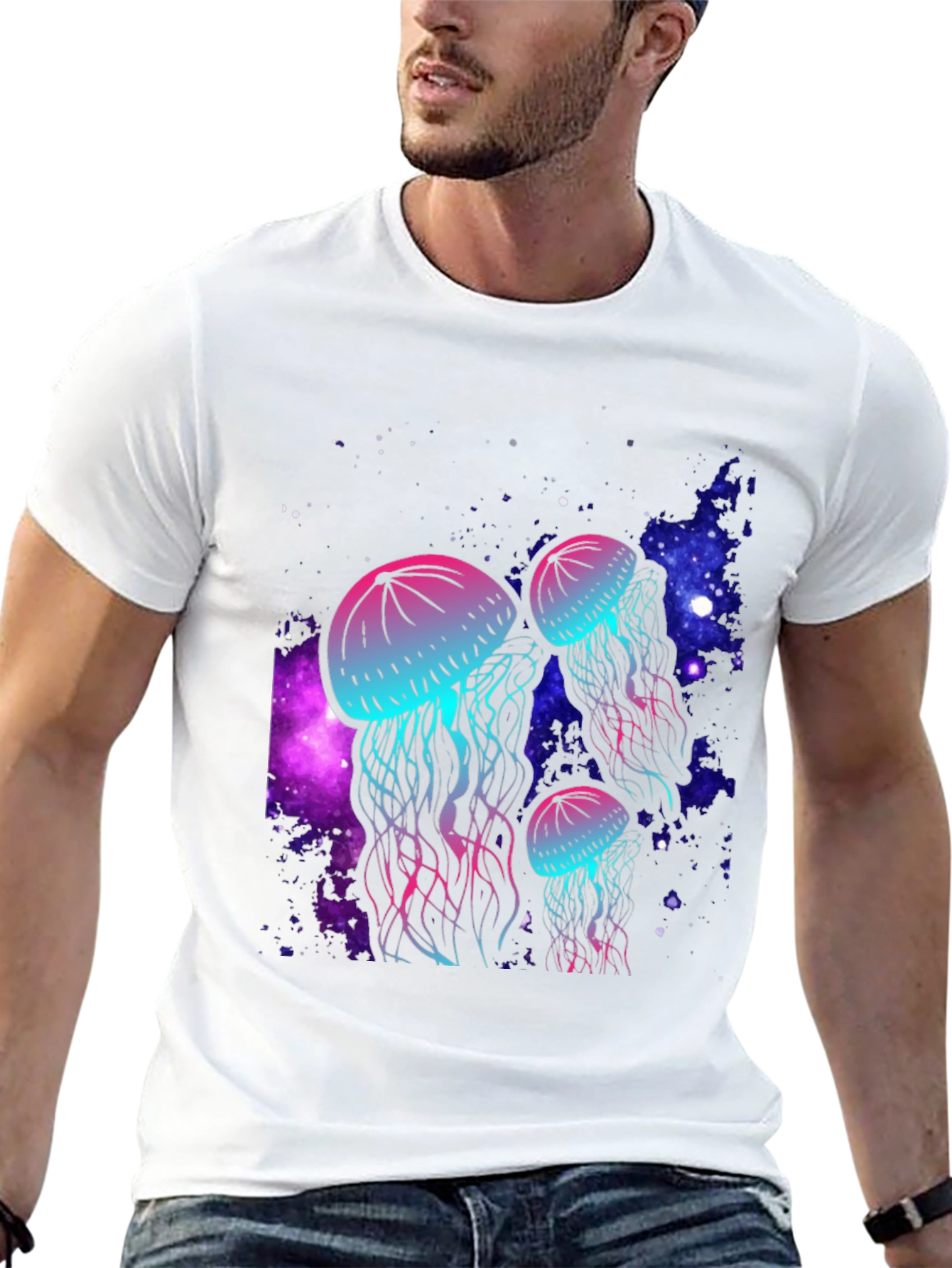 Black Neon Jellyfish Galaxy T-Shirt view 13