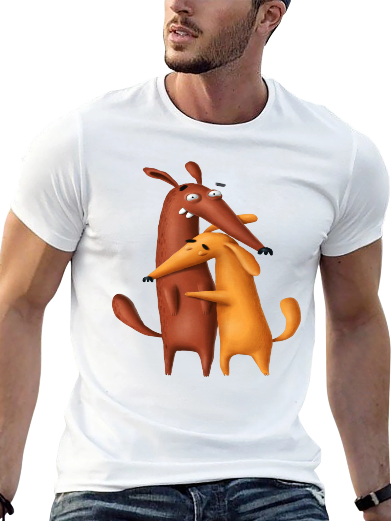 Black Cartoon Dog Hug Black T-Shirt view 13