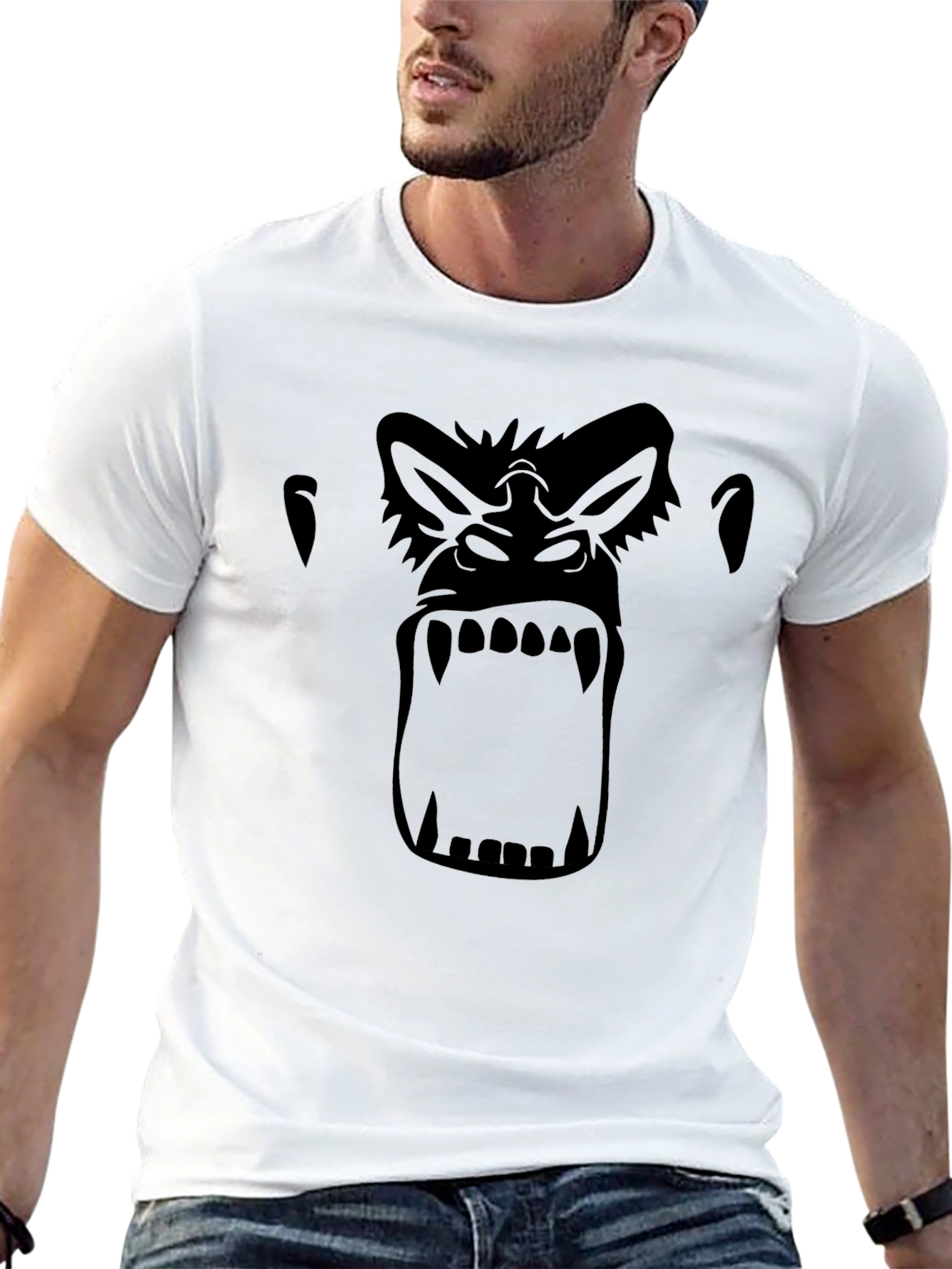 Black Gorilla Face Graphic Tee - Black Crew Neck T-Shirt view 13