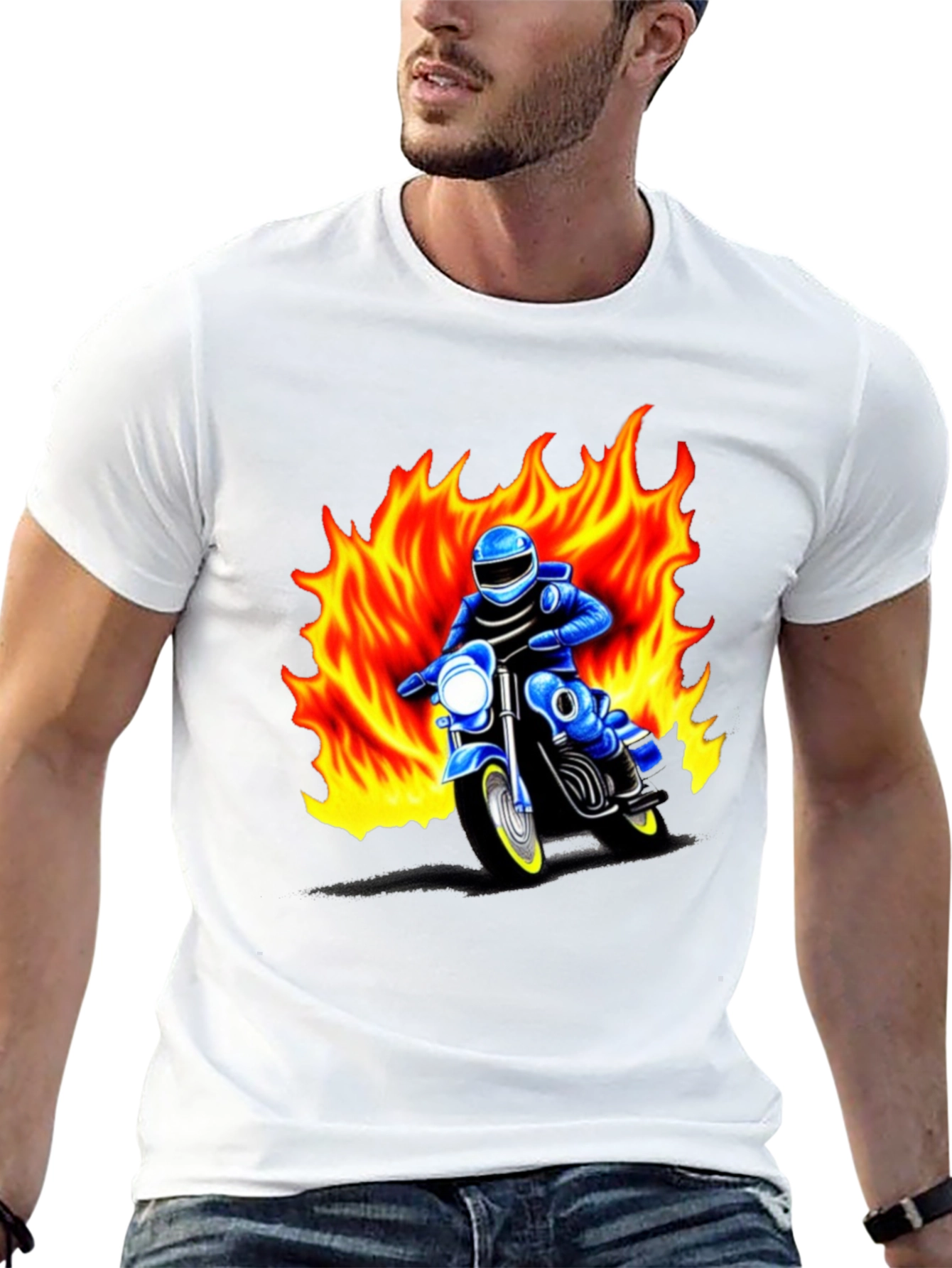 Black Men's Graphic T-Shirt - Motorcycle Rider in Flames view 13