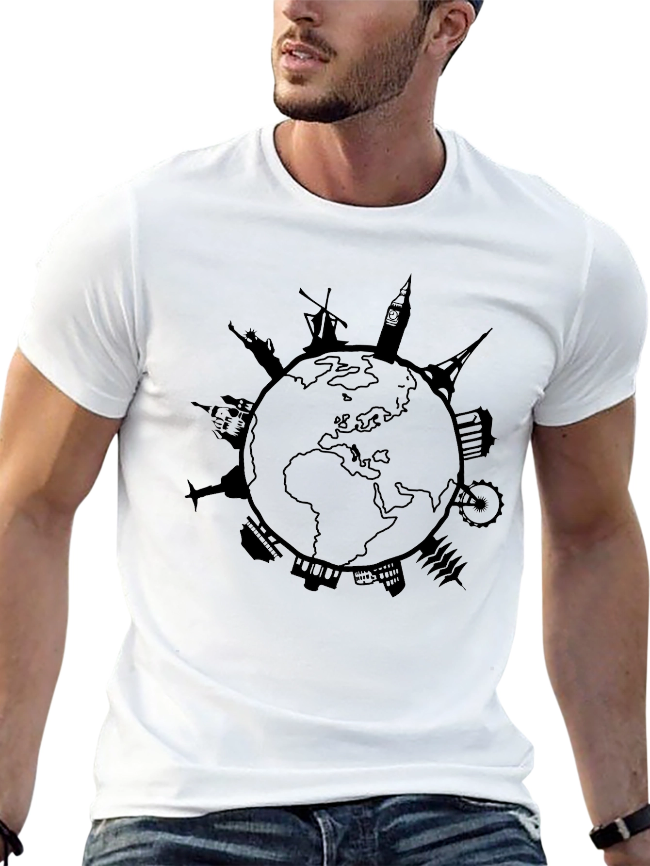 Black World Landmark T-Shirt - Travel Graphic Tee view 13
