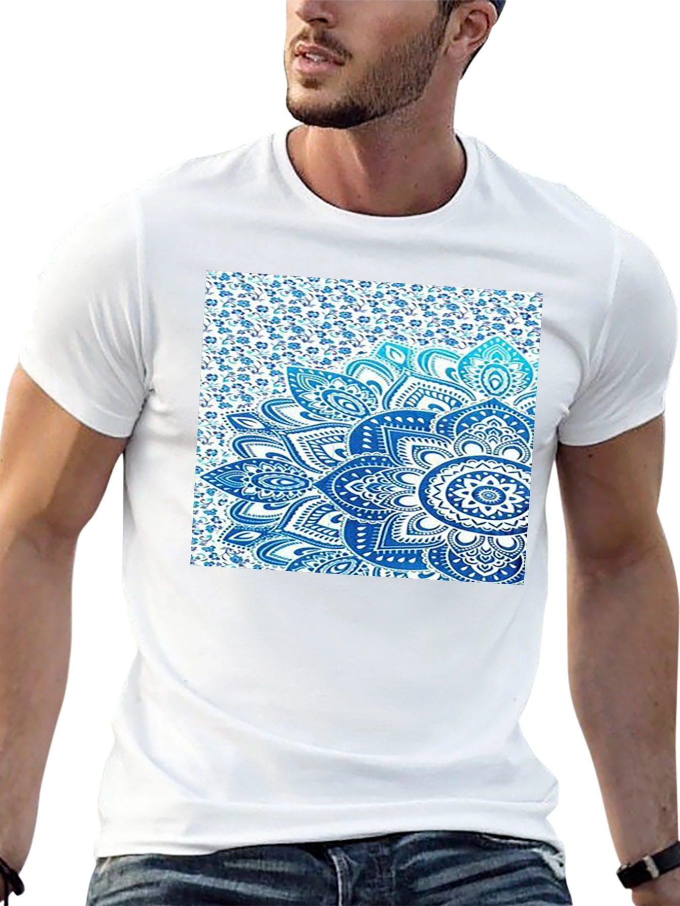 Men's Black Tee with Blue Mandala Print - 13