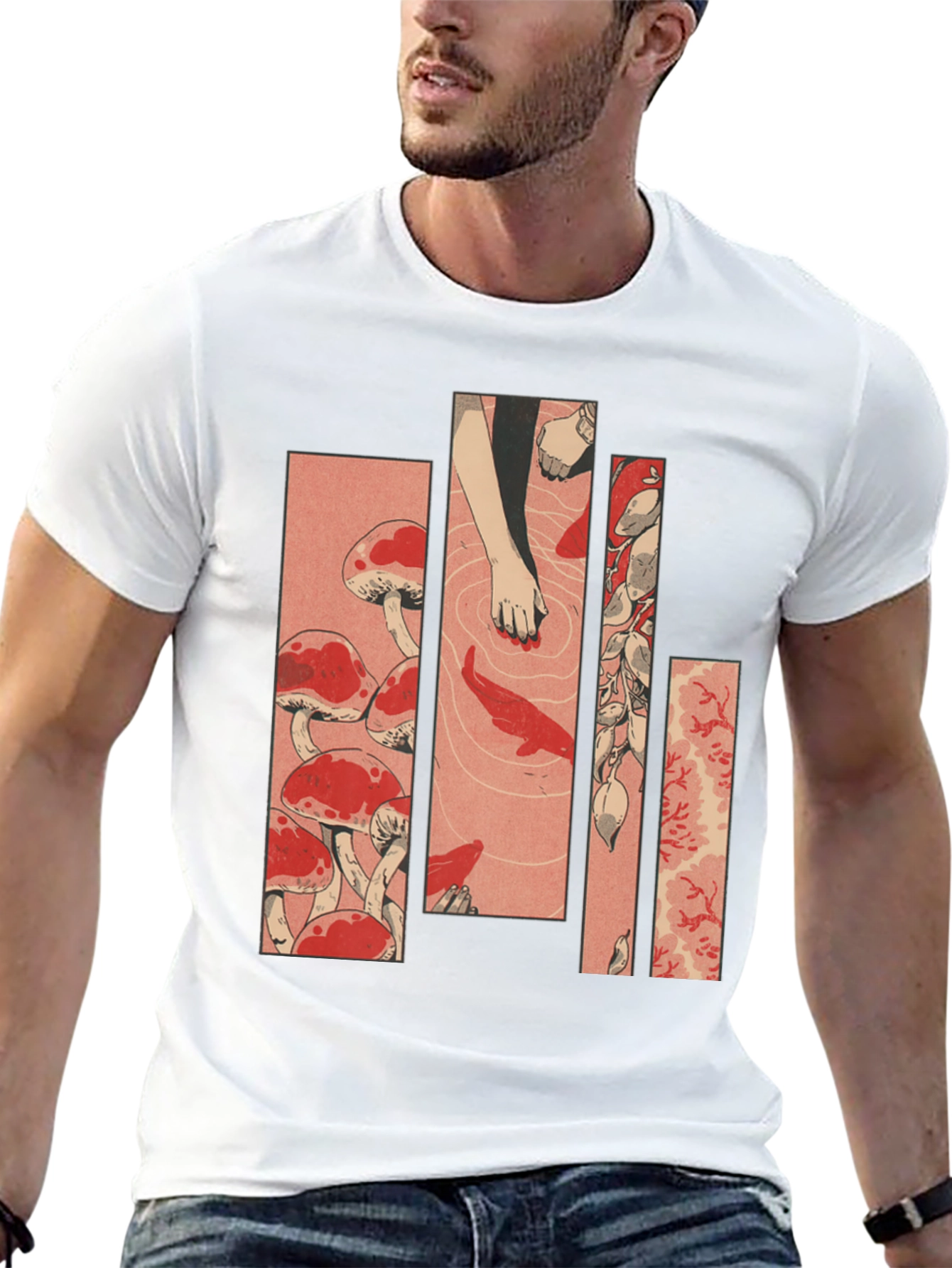 Black Ukiyo-e Style Mushroom & Koi Pond Graphic Tee view 13