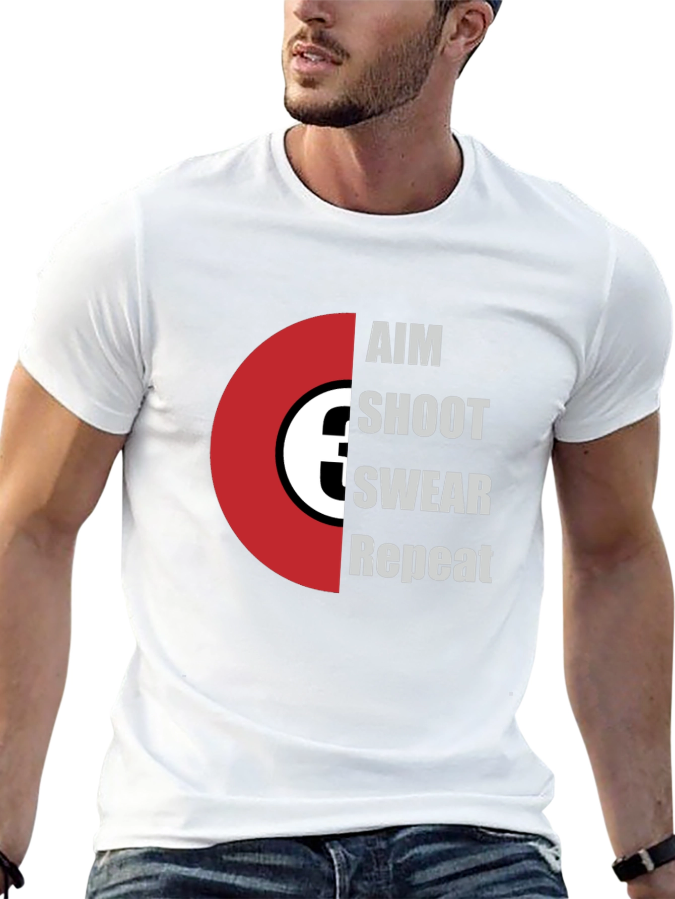 Black Aim Shoot Swear Repeat T-Shirt - Funny Gamer Tee view 13