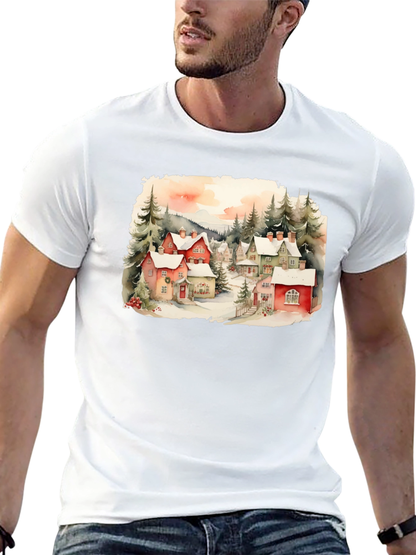 Black Watercolor Winter Village T-Shirt view 13