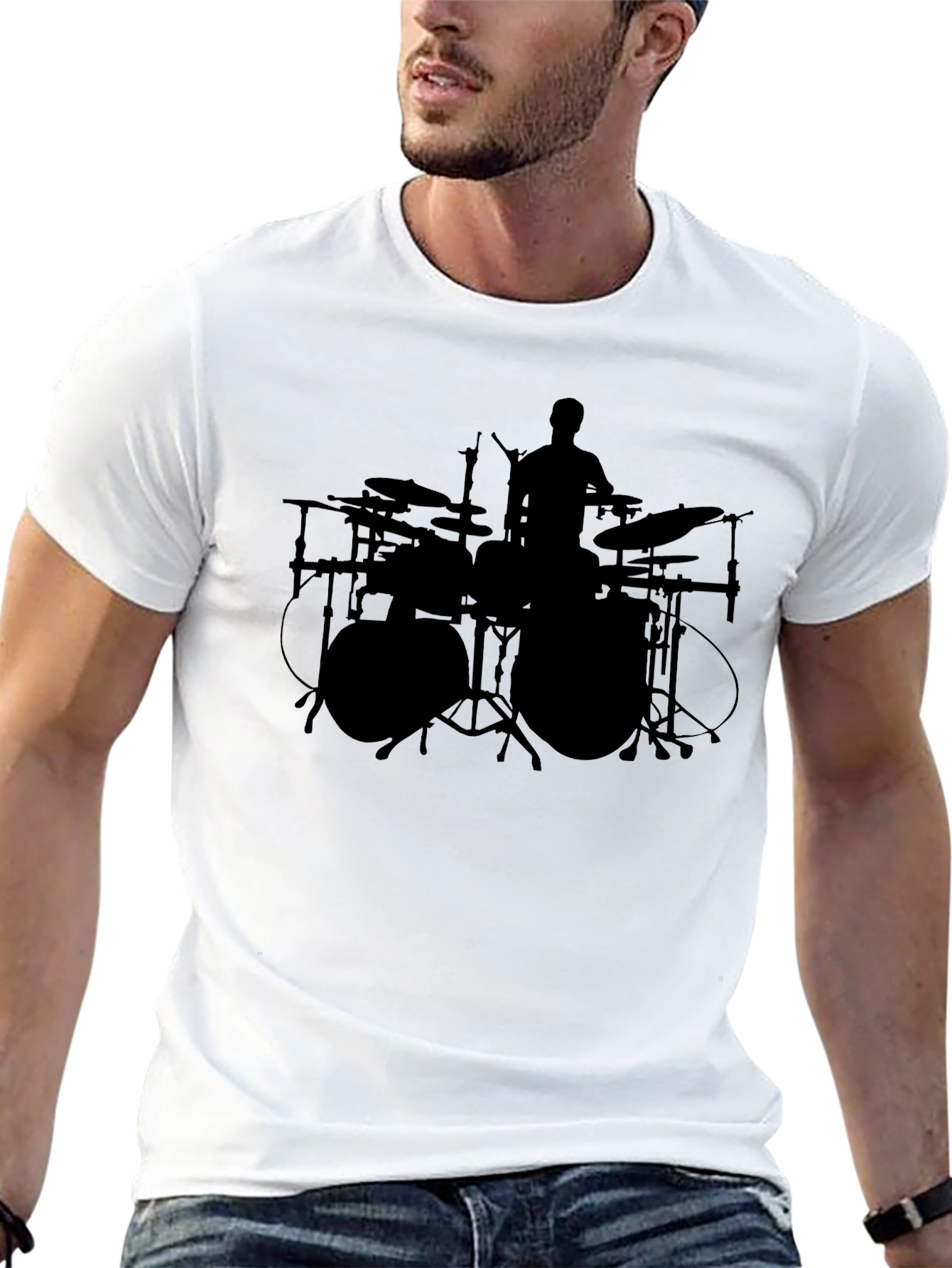 Black Drummer Silhouette Graphic Tee - Black Cotton Crew Neck view 13