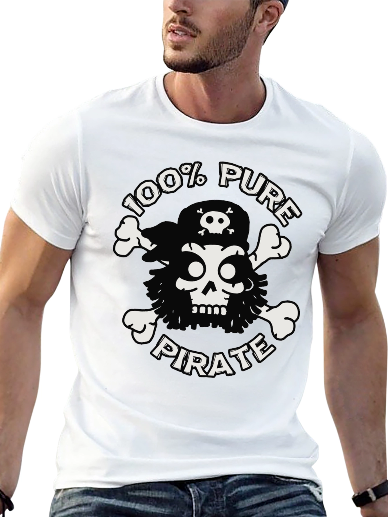 Black 100% Pure Pirate Skull & Crossbones Black T-Shirt view 13