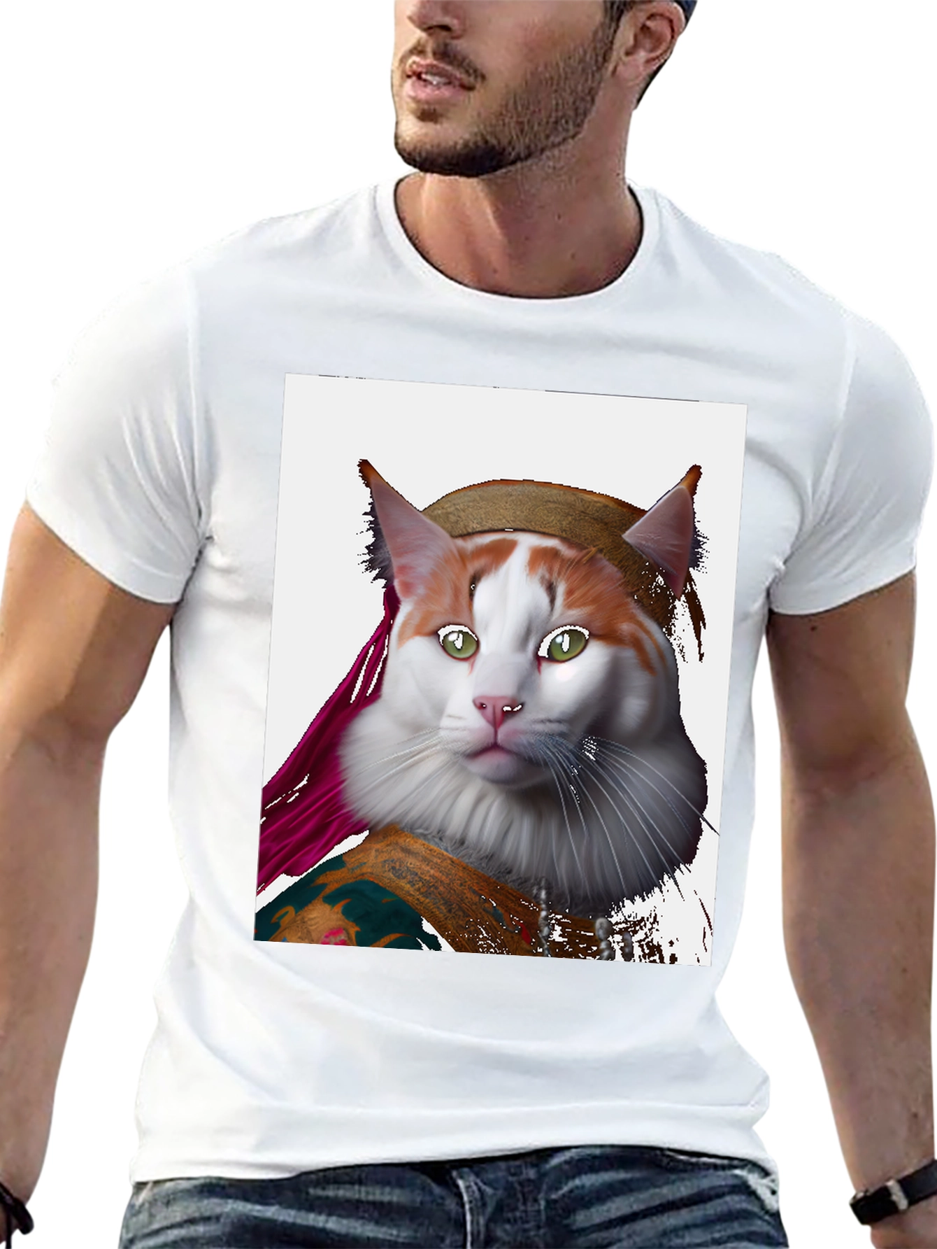 Black Mona Lisa Cat T-Shirt - Artful Feline Portrait view 13