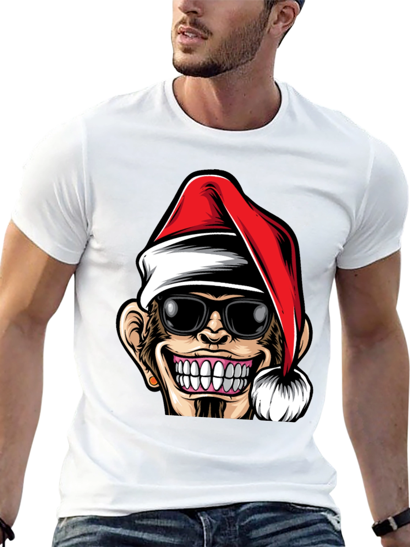 Black Funny Monkey Santa Hat T-Shirt view 13