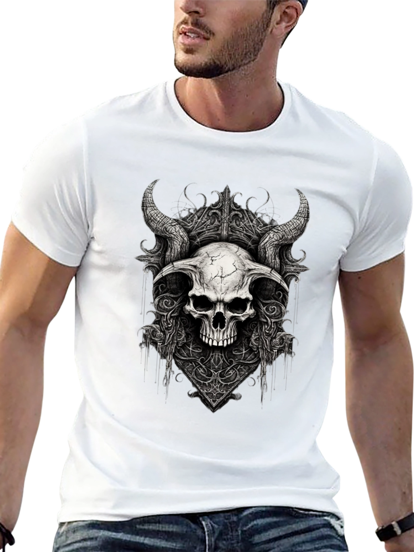 Black Black Skull Horns Graphic Tee view 13