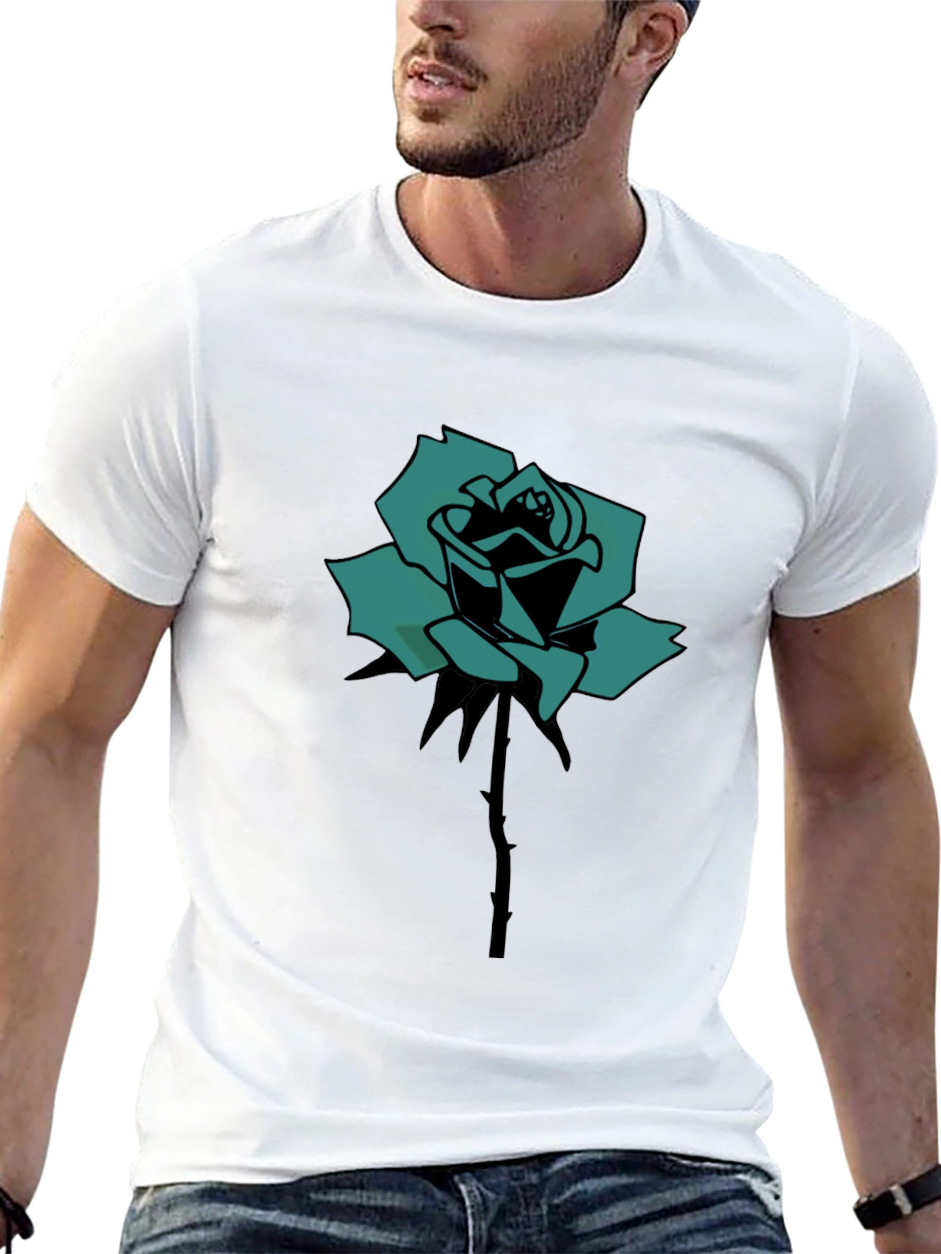 Black Black T-Shirt with Teal Rose Print view 13
