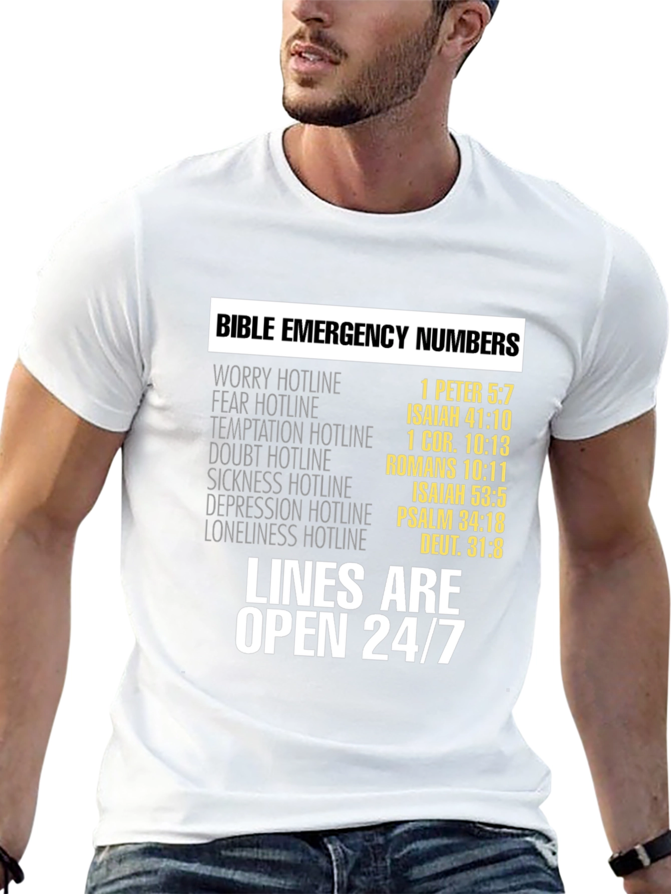 Bible Emergency Numbers T-Shirt - Lines Open 24/7 - 13