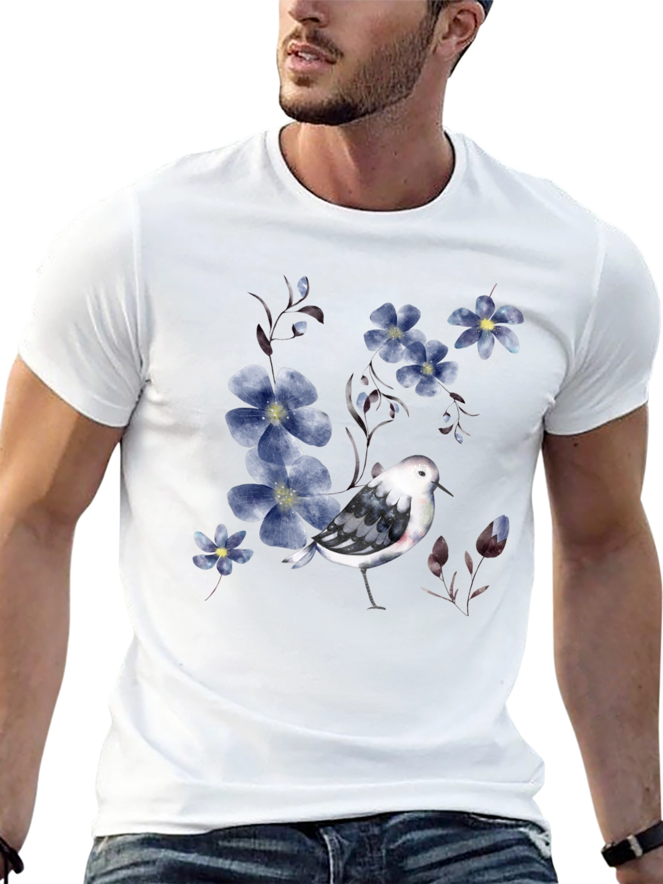 Black Floral Bird Print Black T-Shirt view 13