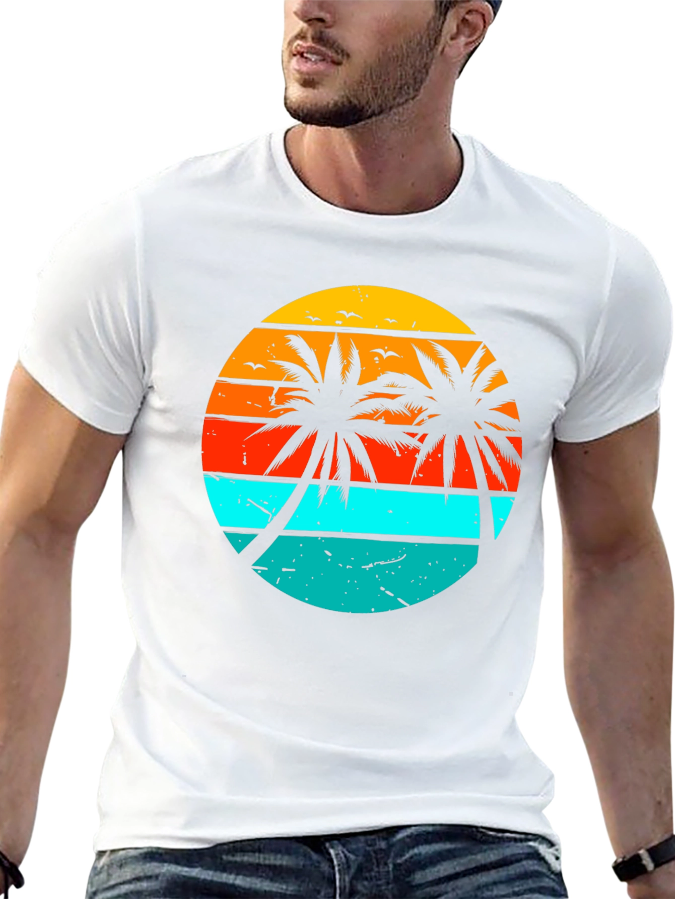 Black Retro Sunset Palm Tree Graphic T-Shirt view 13