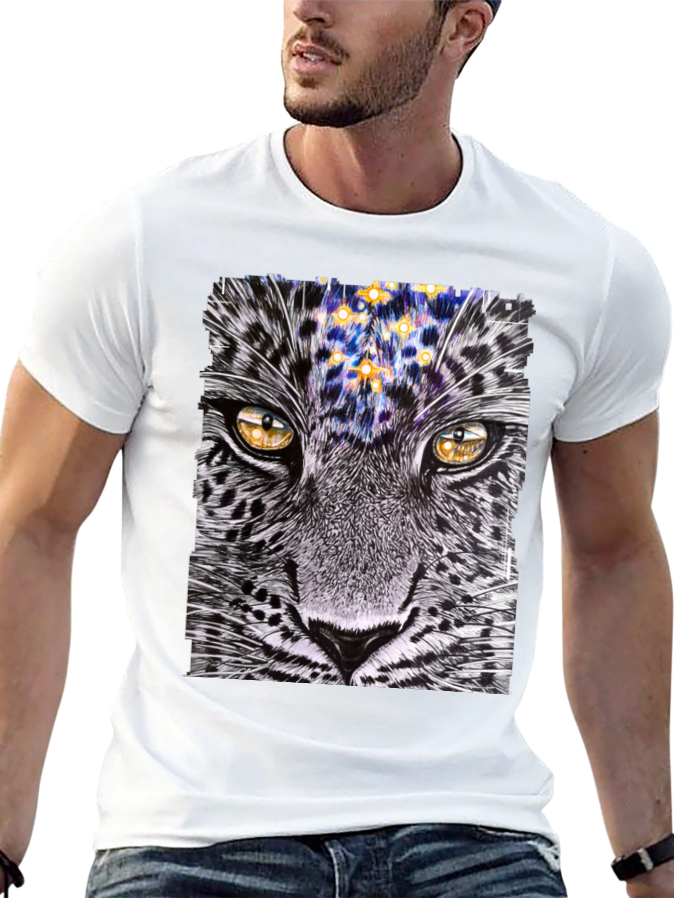 Black Leopard Stargazer Graphic T-Shirt - Unique Animal Print Tee view 13